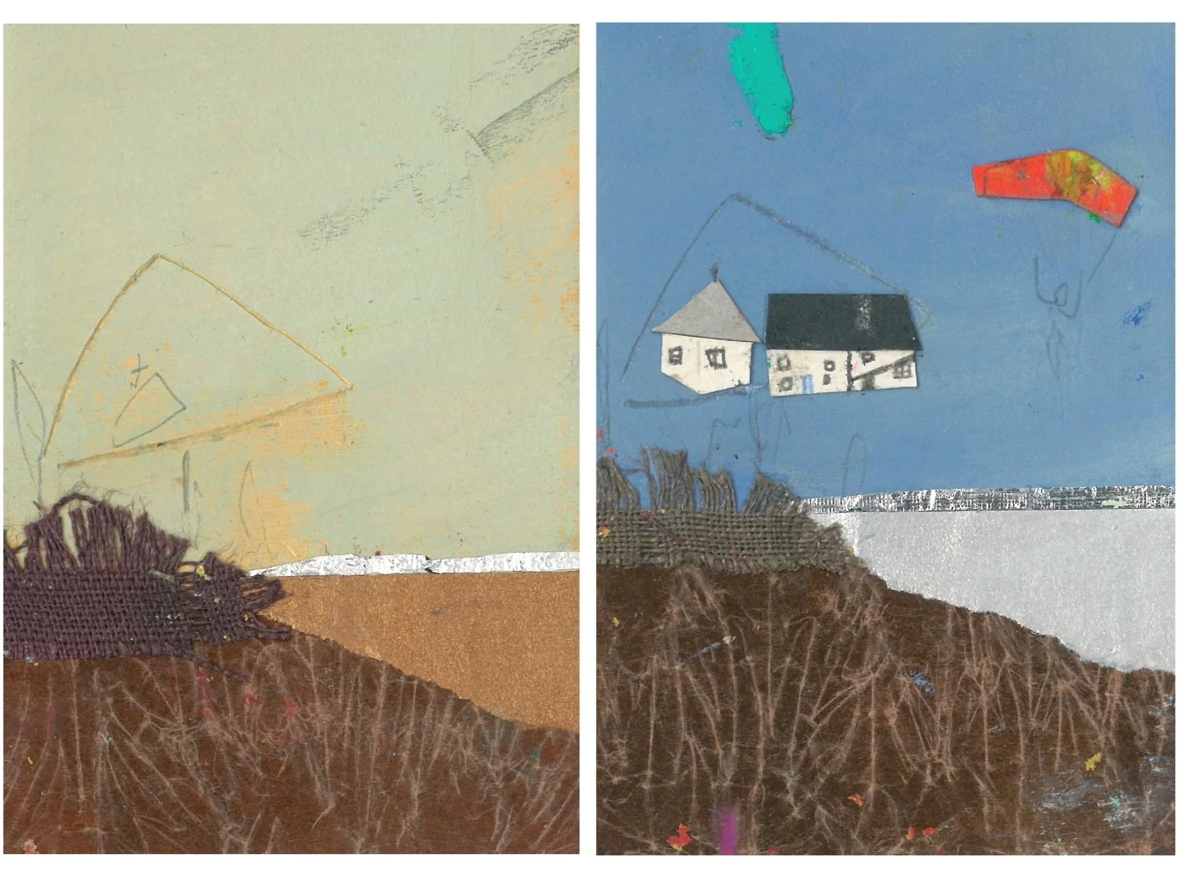 Days apart (The Dairy on The Mount) / 2024 / Miniature mixed-media collage diptych joined with raffia cord (gouache, chocolate wrappers, linen scraps, oil pastel, pencil and wax crayon) / Each 10cm x 7cm