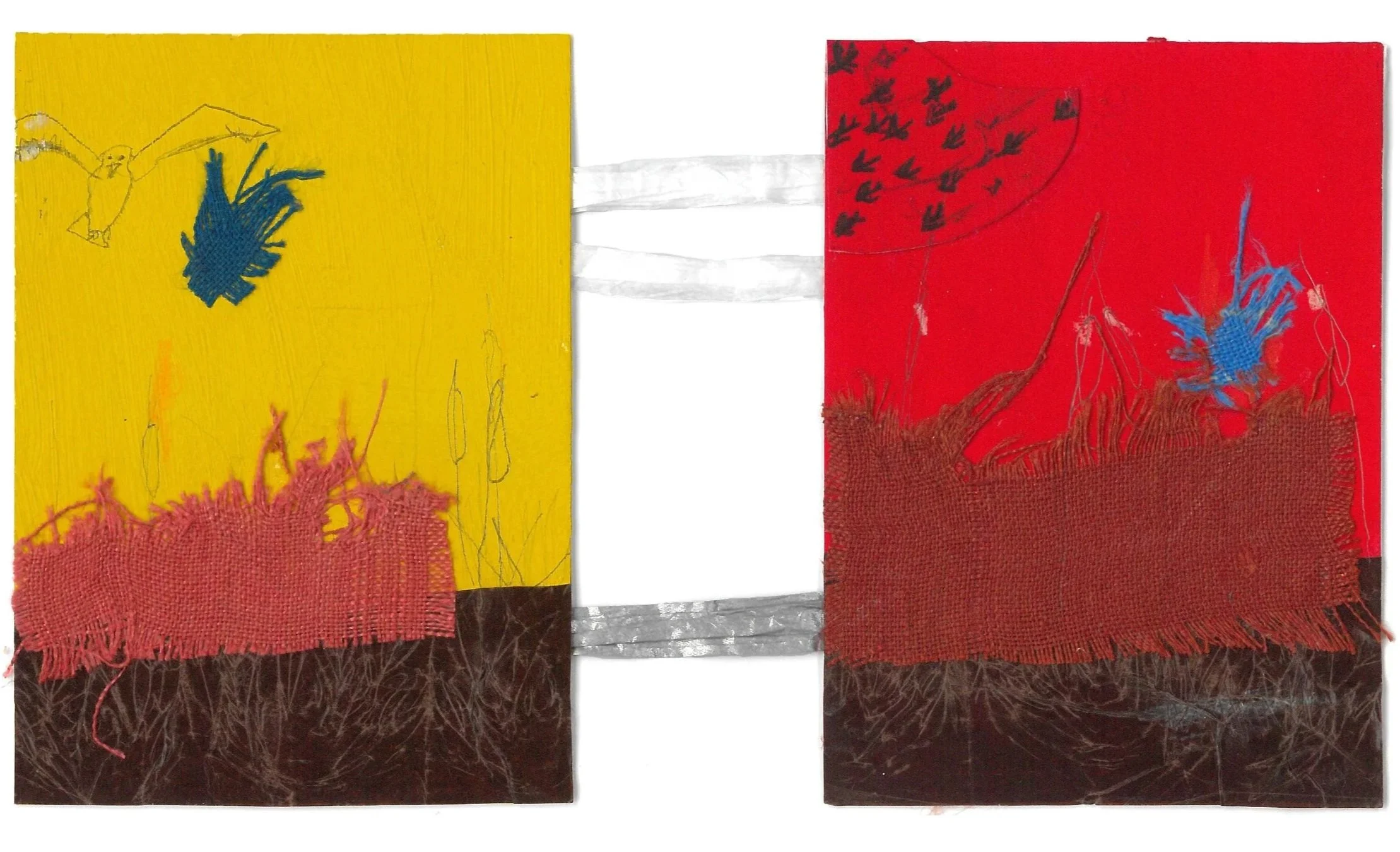 Dawn to dusk on Marazion Marsh I / 2020 / Miniature mixed media collage diptych joined with raffia cord / Each 11cm x 7.5cm