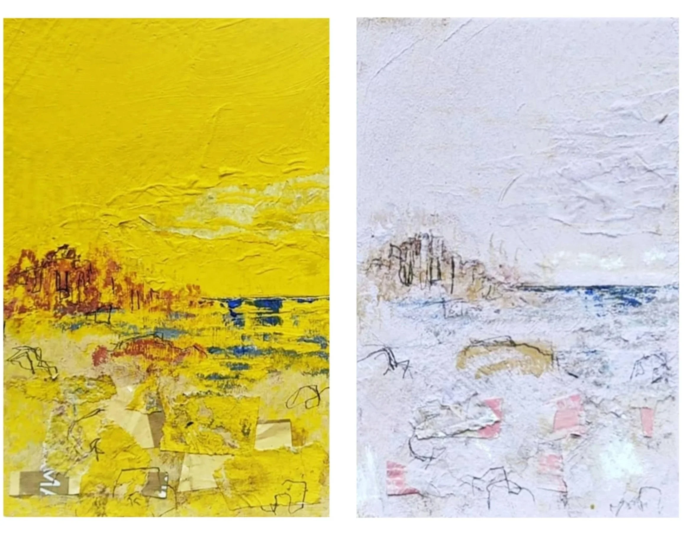Mornings at St Loy's / 2020 / Miniature mixed-media collage diptych (gouache, sweet wrappers, soft pastel, pencil and tissue paper) / Each 10cm x 7cm 