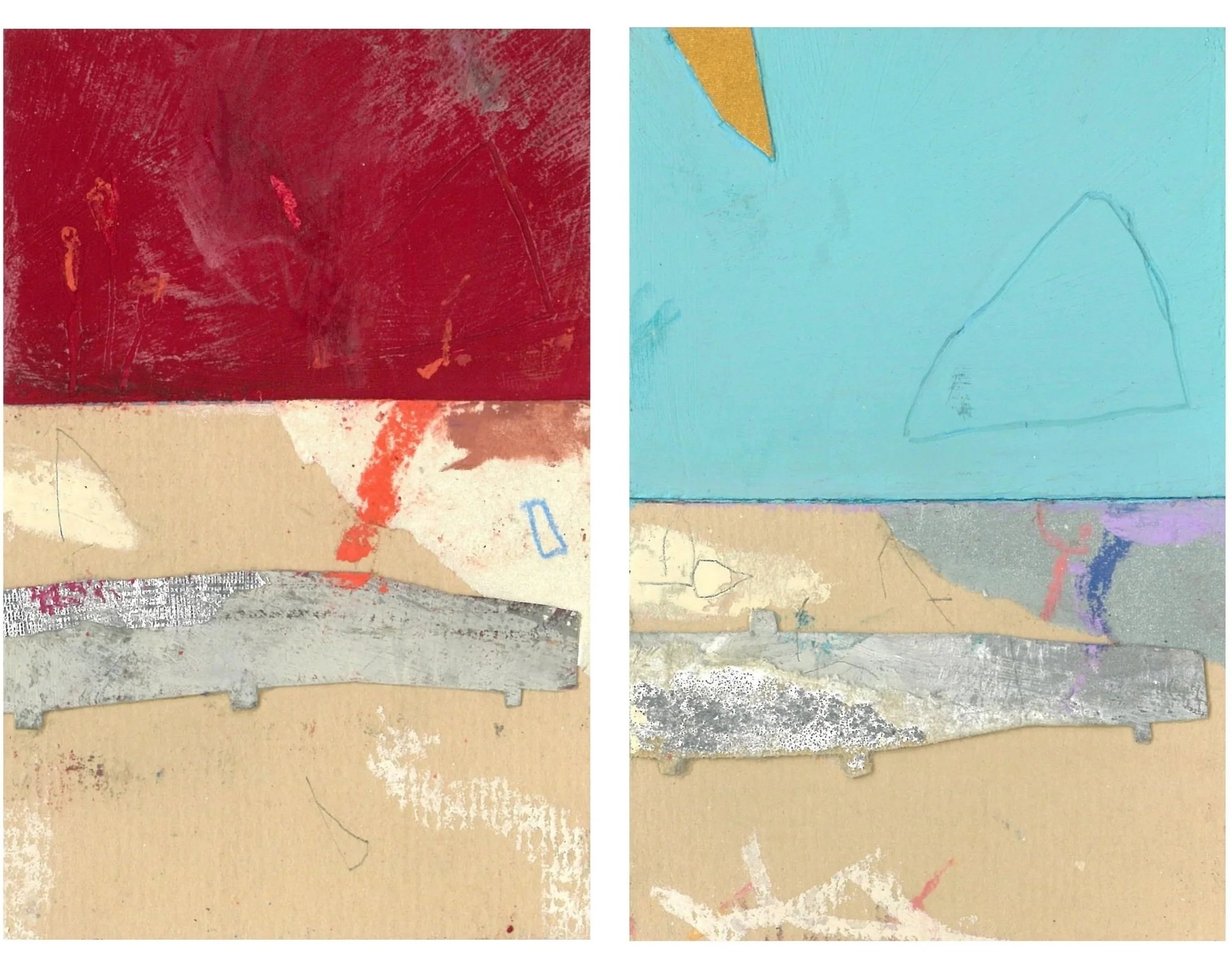 And then the sun rose at Long Rock / 2023 / Miniature mixed media collage diptych joined with raffia cord / Each 10cm x 7cm
