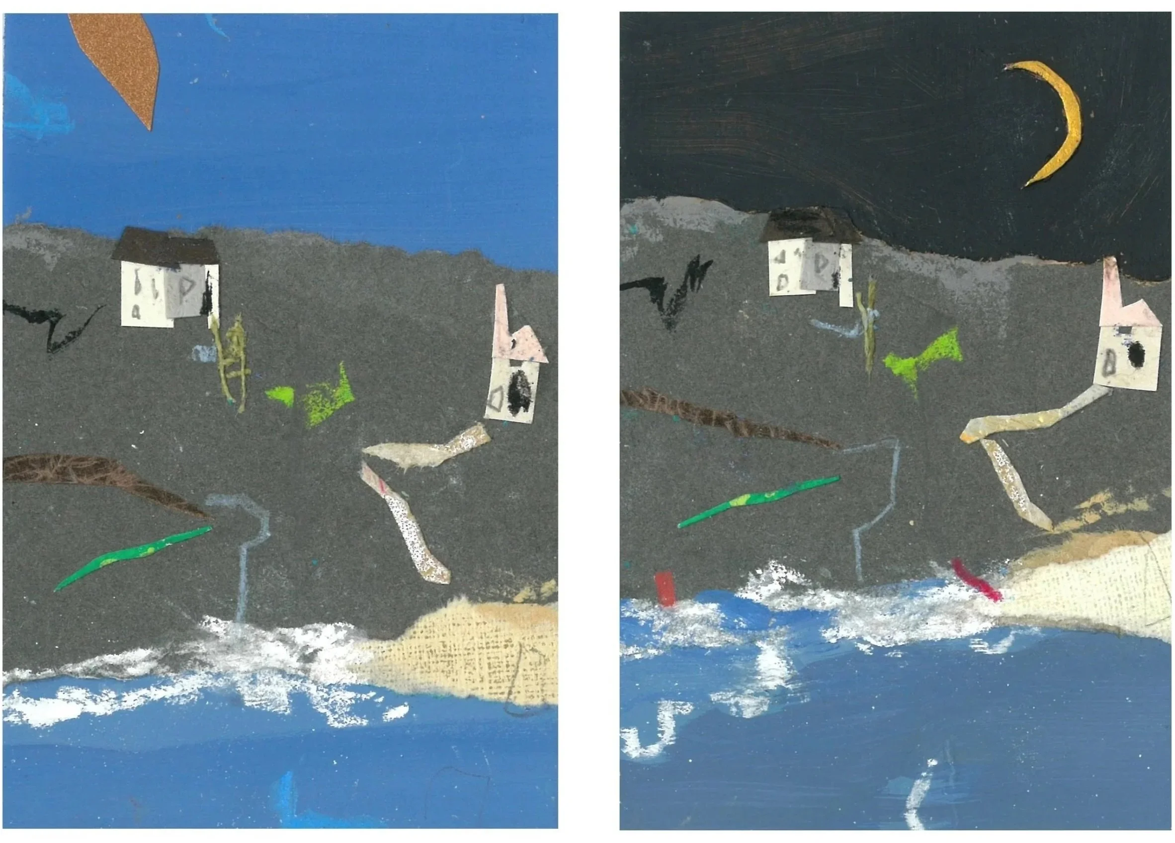 Wheal Prosper, Rinsey / 2024 / Miniature mixed-media collage diptych joined with raffia cord (gouache, linen scraps, chocolate wrappers, hard pastel, soft pastel, pencil and wax crayon) / Each 10cm x 7cm
