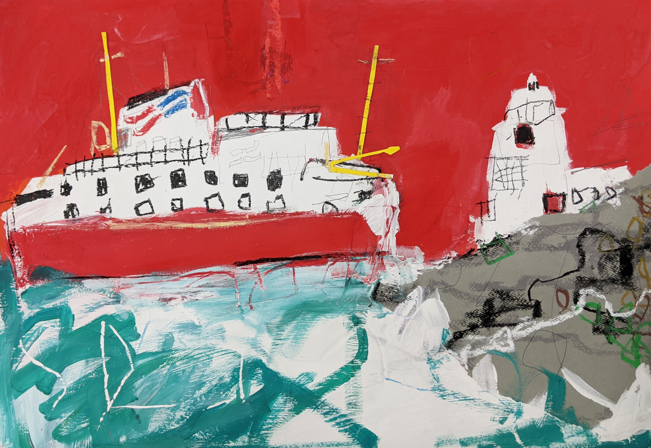 Scillonian III rounding Tater Du / 2023 / Mixed media collage on paper / 29cm x 42cm