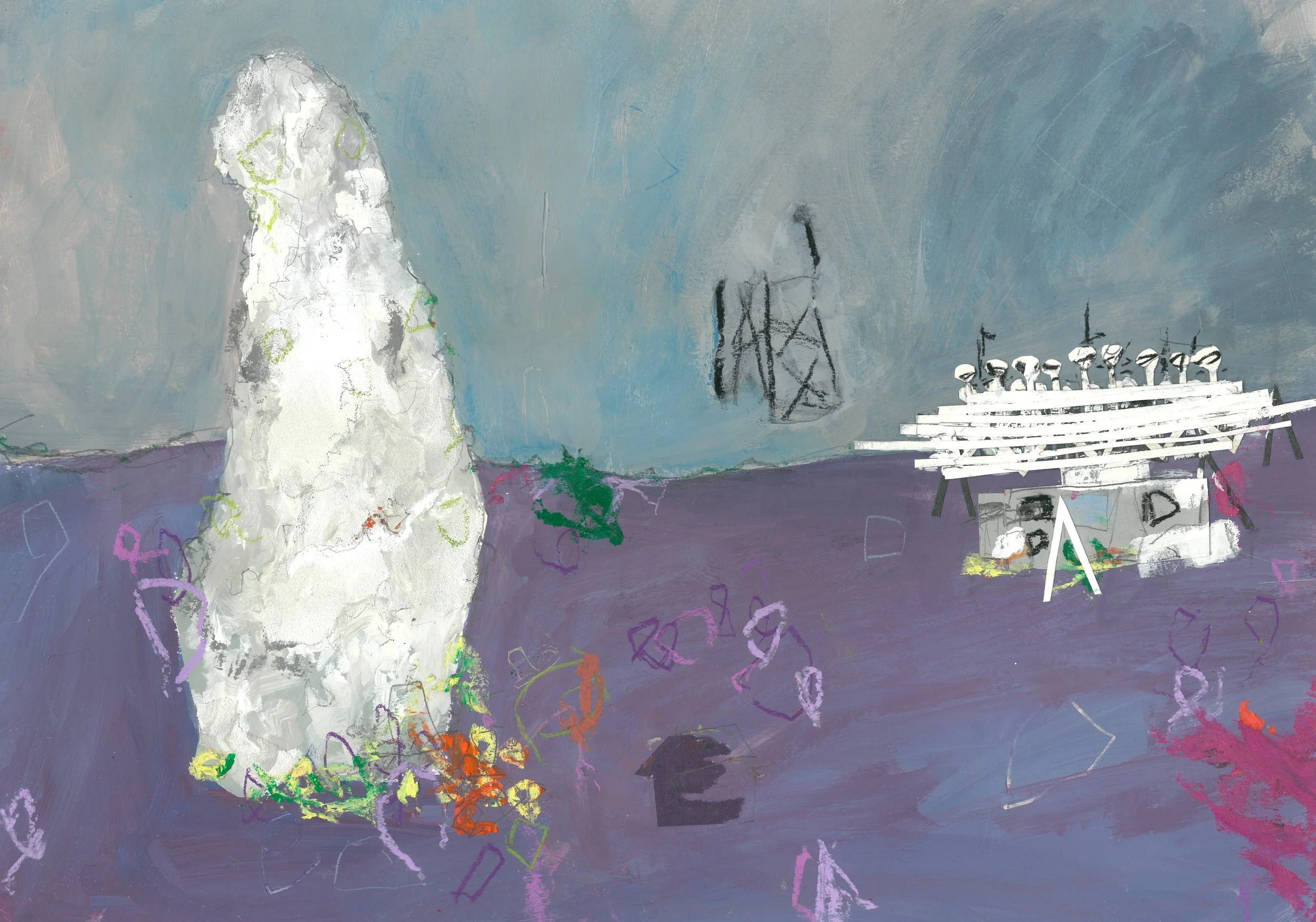 Boswens Menhir and NATS Navigational Aid, St Just / 2024 / Mixed media collage on paper / 29cm x 42cm