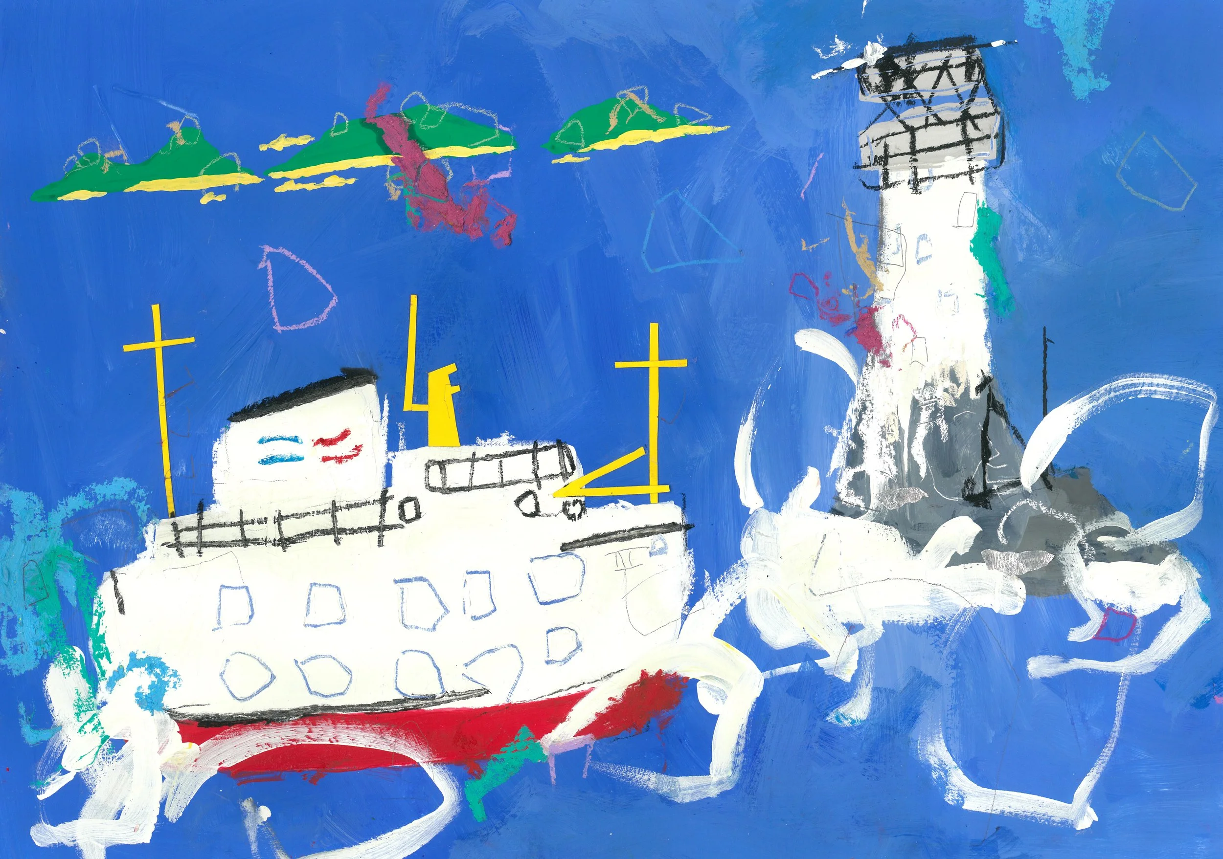 Scillonian III passing Wolf Rock / 2024 / Mixed media collage on paper / 29cm x 42cm