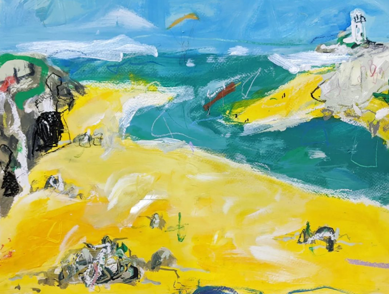 Hayle Bar / 2023 / Acrylic, emulsion, gouache, wax crayon, soft pastel, charcoal and graphite on paper / 29.7cm x 42cm