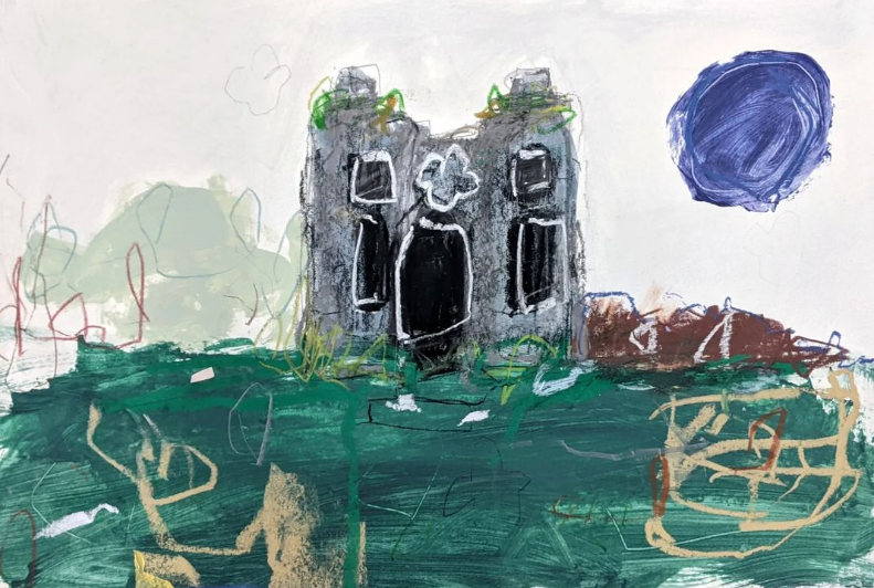 The blue moon above Rogers' Tower / 2023 / Mixed media on board / 28.5cm x 42.5cm