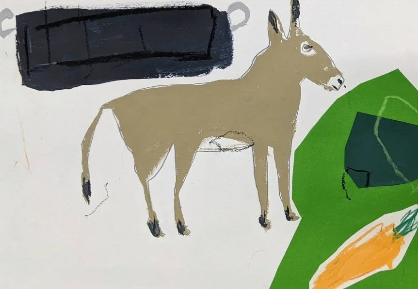 Donkey and trough / 2023 / Mixed media collage on paper / 14.8cm x 21cm 

