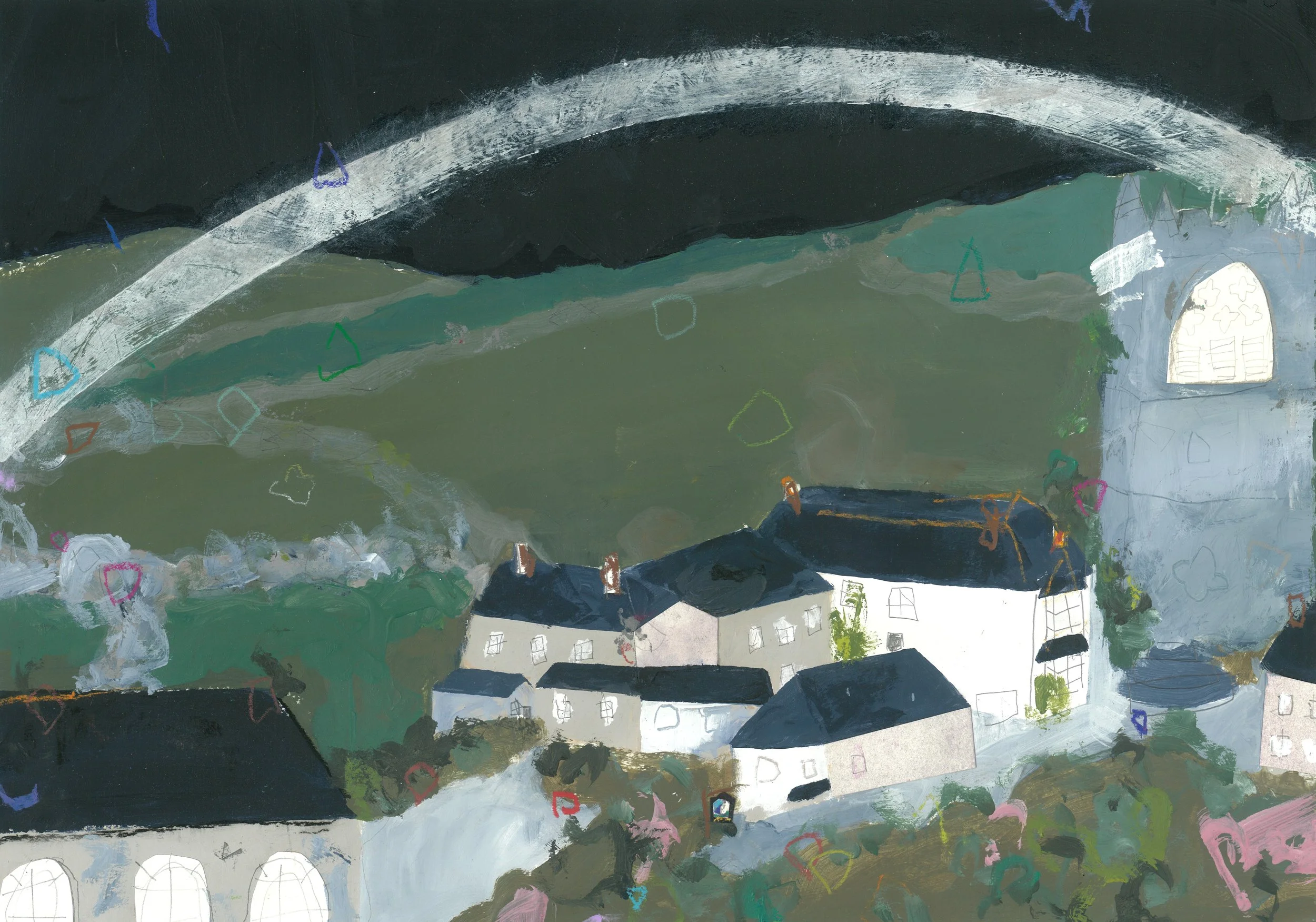 Moonbow over Zennor / 2025 / Mixed media on paper / 29cm x 42cm