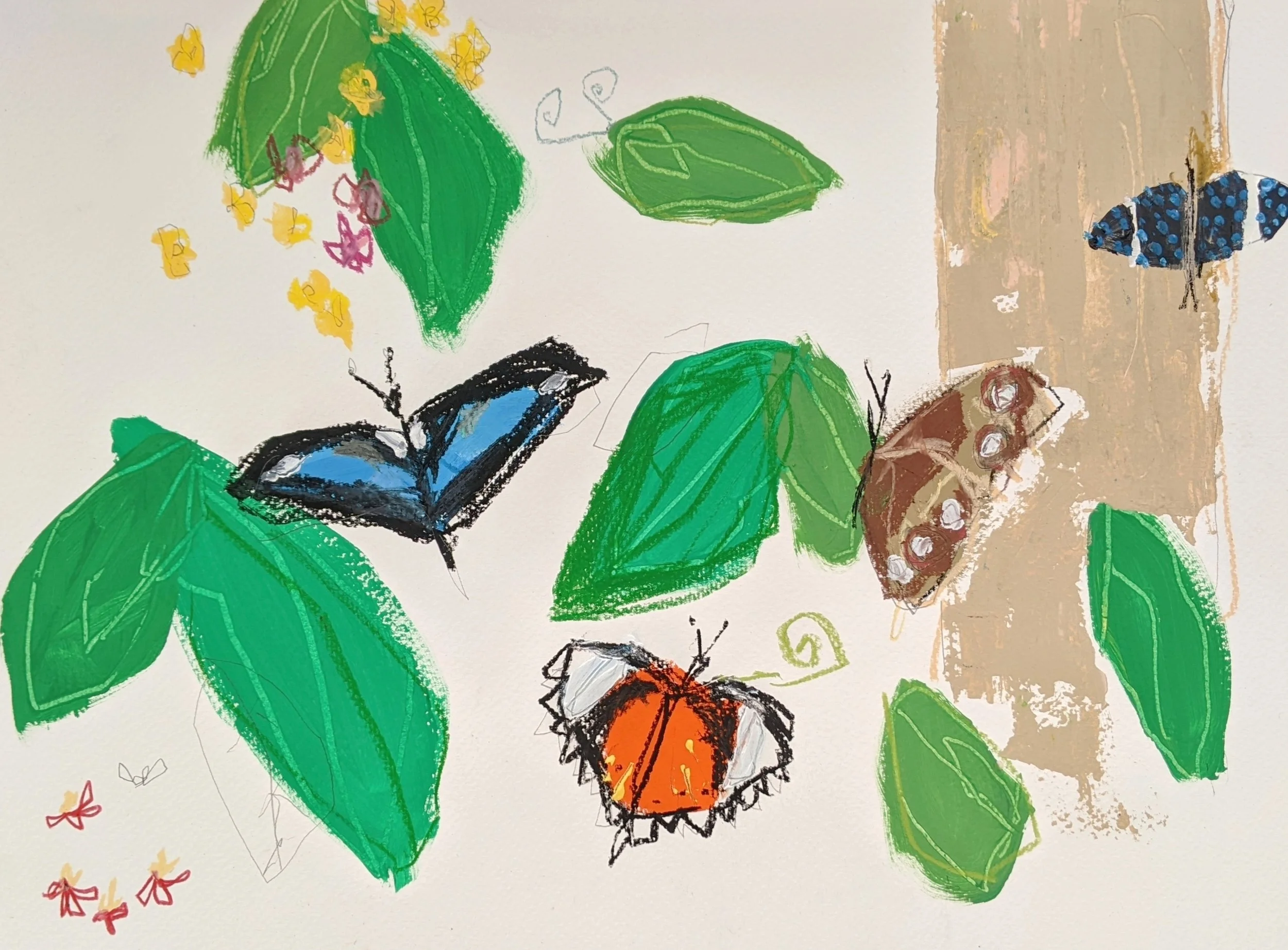 Butterfly House / 2022 / Gouache, acrylic, wax crayon, graphite and charcoal on paper / 30.5cm x 40.6cm