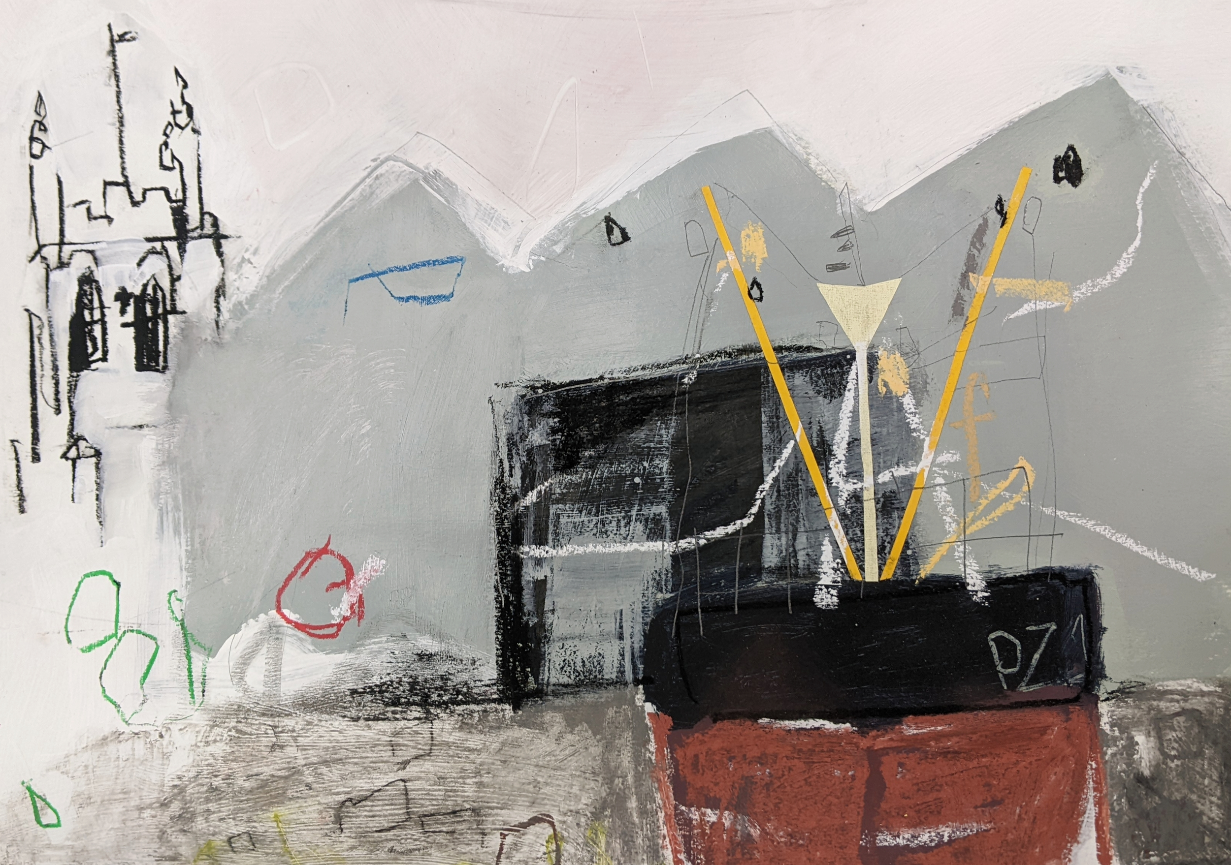 Penzance Dry Dock / 2023 / Mixed media on paper / 29cm x 42cm