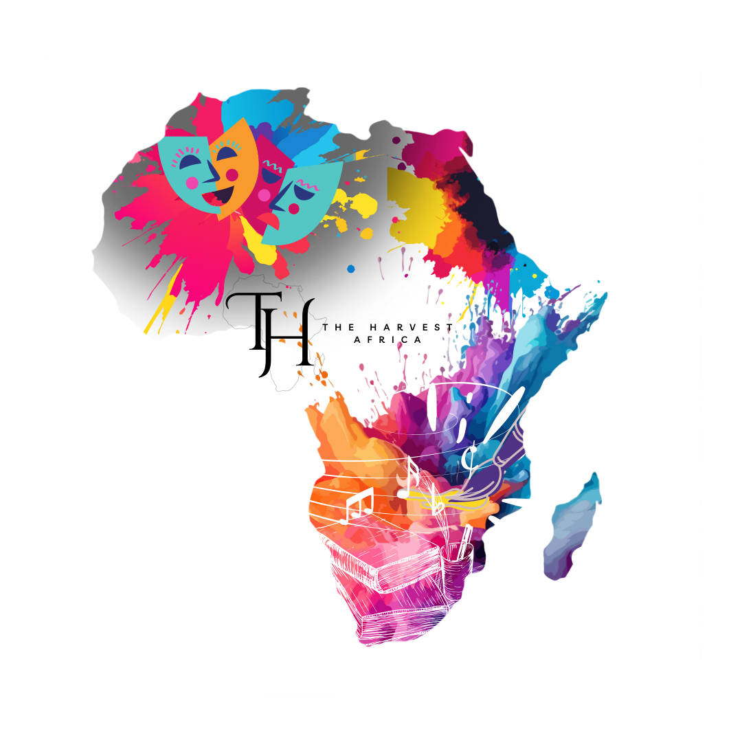 Colorful artistic representation of Africa with musical notes, a book, and art supplies inside the continent outline, and theatrical masks near the top.