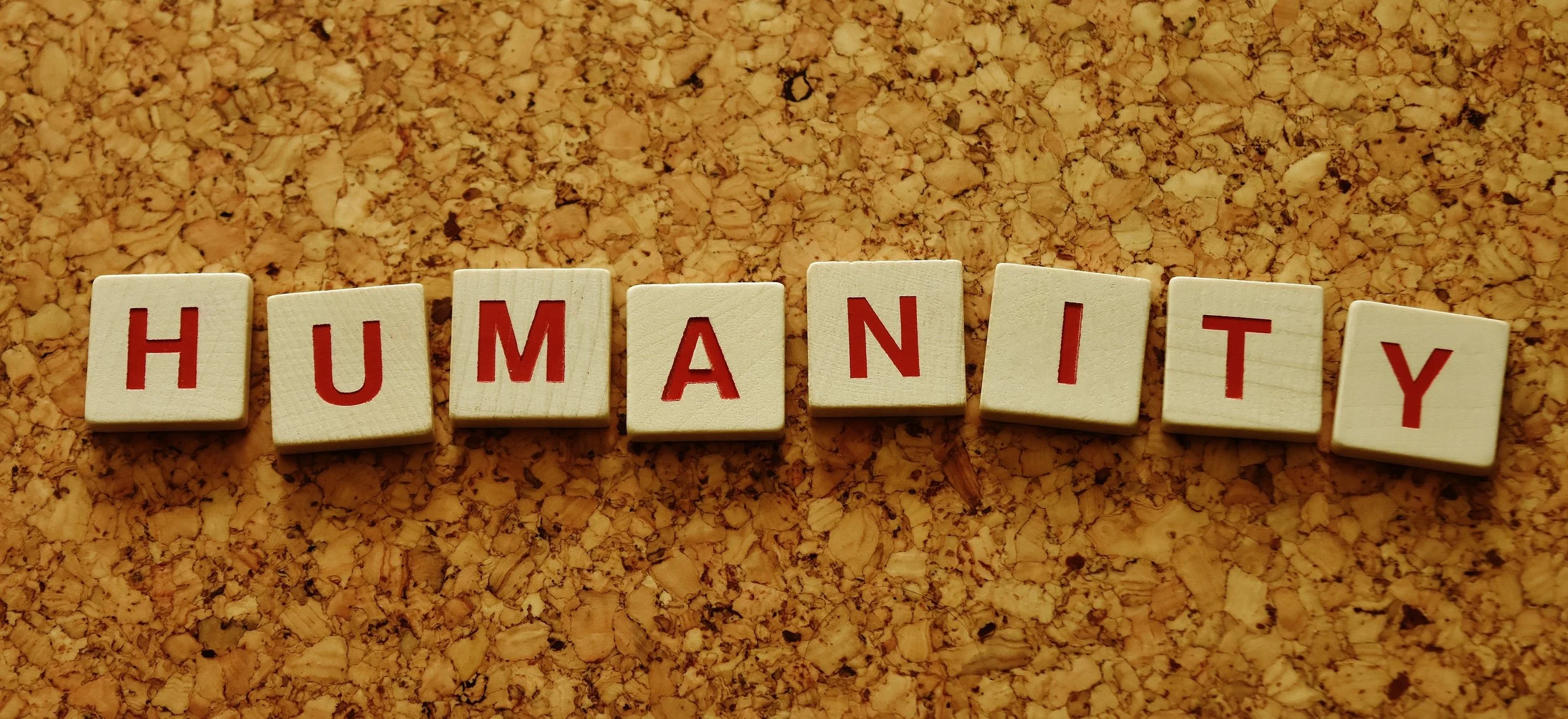 Scrabble tiles spelling out "HUMANITY" on a cork surface.