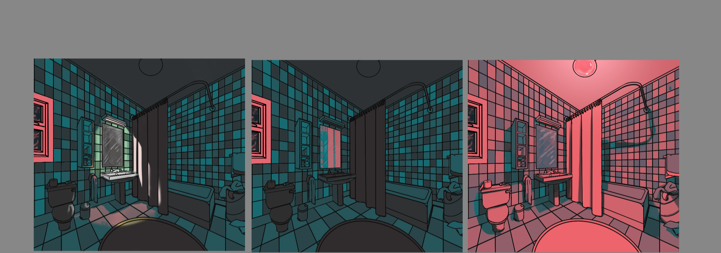 Sequential scenes of a bathroom with changing lighting and color themes, showing various fixtures like a mirror, sink, toilet, and shower area.