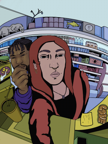 Cartoon of a young man and woman taking a selfie in a store aisle with various products, including snacks and household items, visible on shelves.