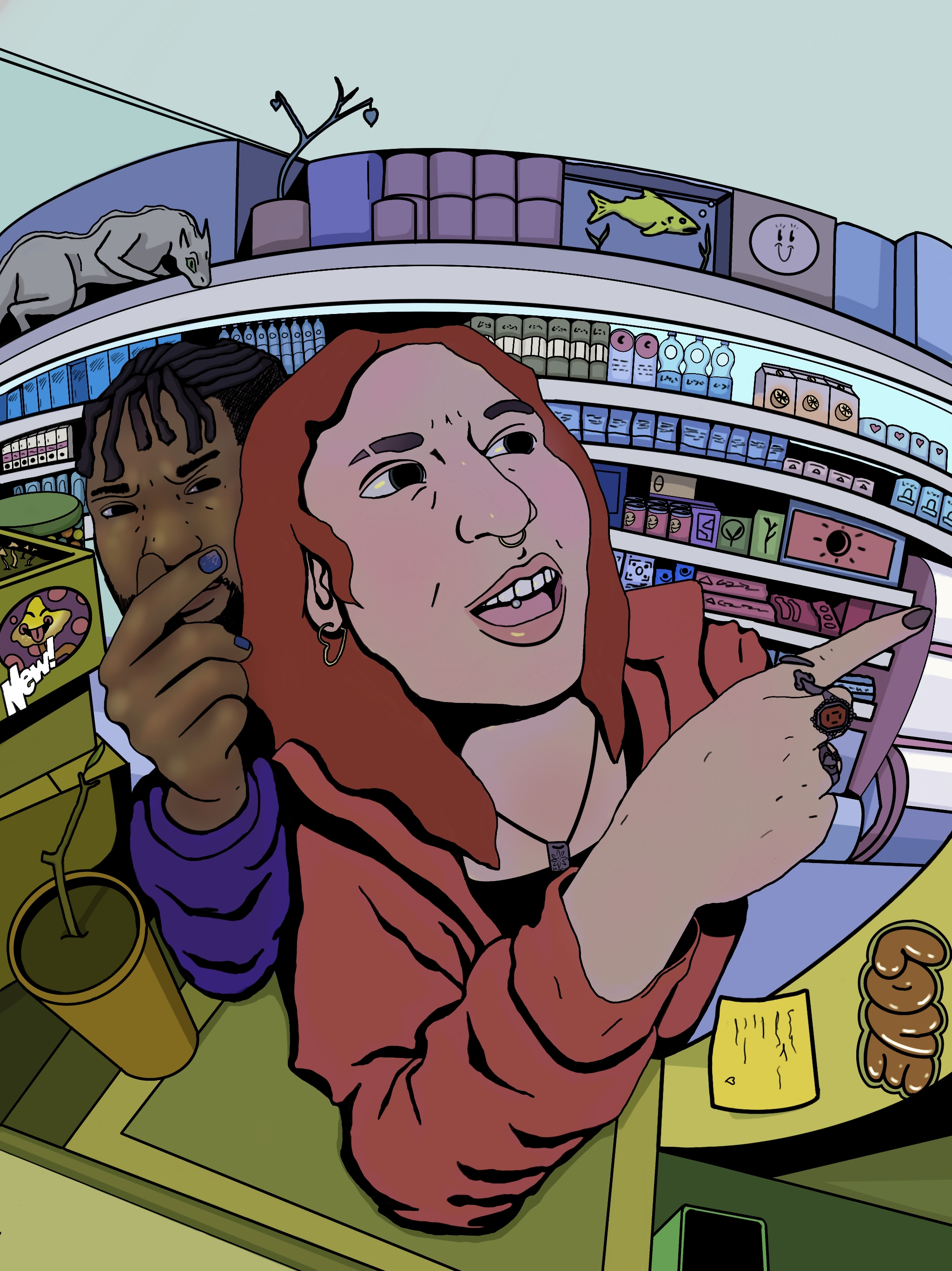 A cartoon illustration of two young women at a store counter, one with red hair pointing and speaking, the other with dark hair making a gesture near her face. There are snacks, a drink, and shelves with various products and a fish tank in the background.