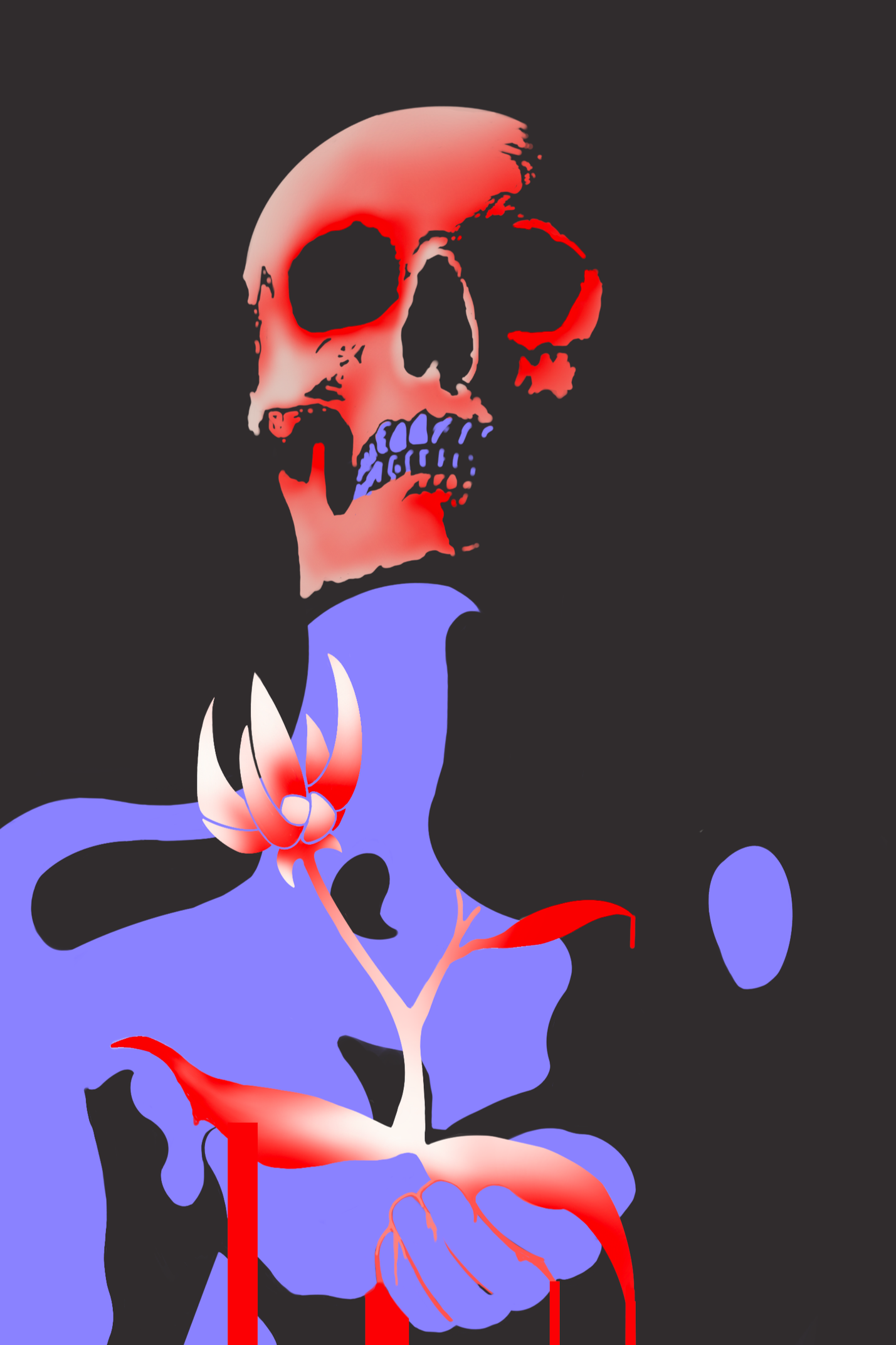 Digital illustration of a human skull with a dark background, partially depicting a human figure holding a blood-red flower with blood dripping from the figure's hand.