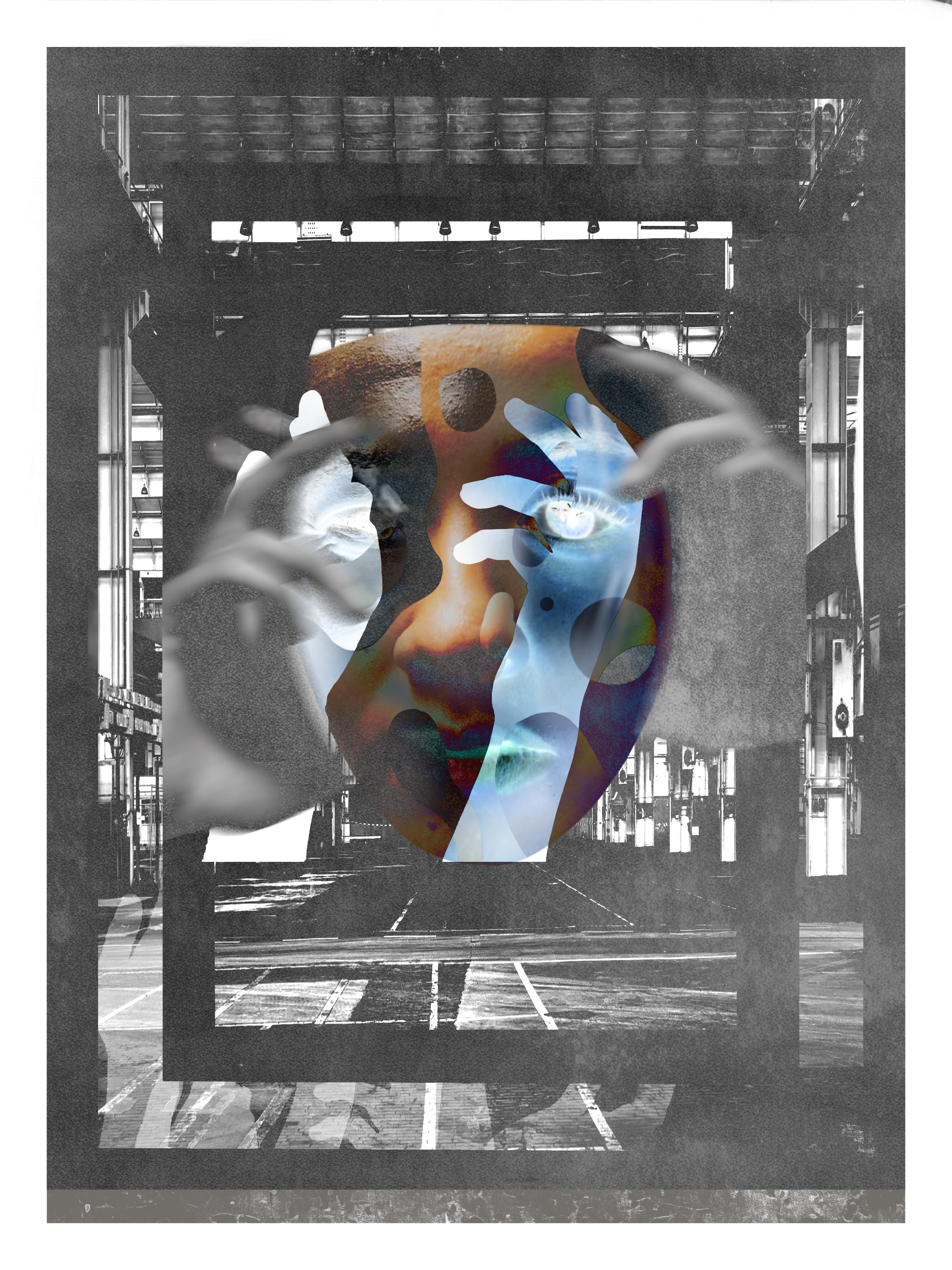 A collage of a human face with hands, layered over a grayscale scene of an industrial stage with lighting and equipment.