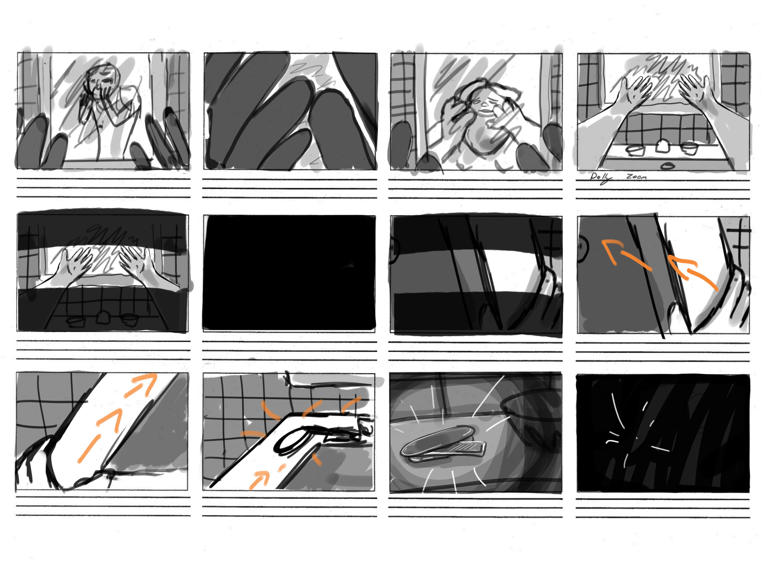 A storyboard showing a subsequent sequence of a person washing their hands, including touching the sink, lathering with soap, rinsing, and drying with a towel.