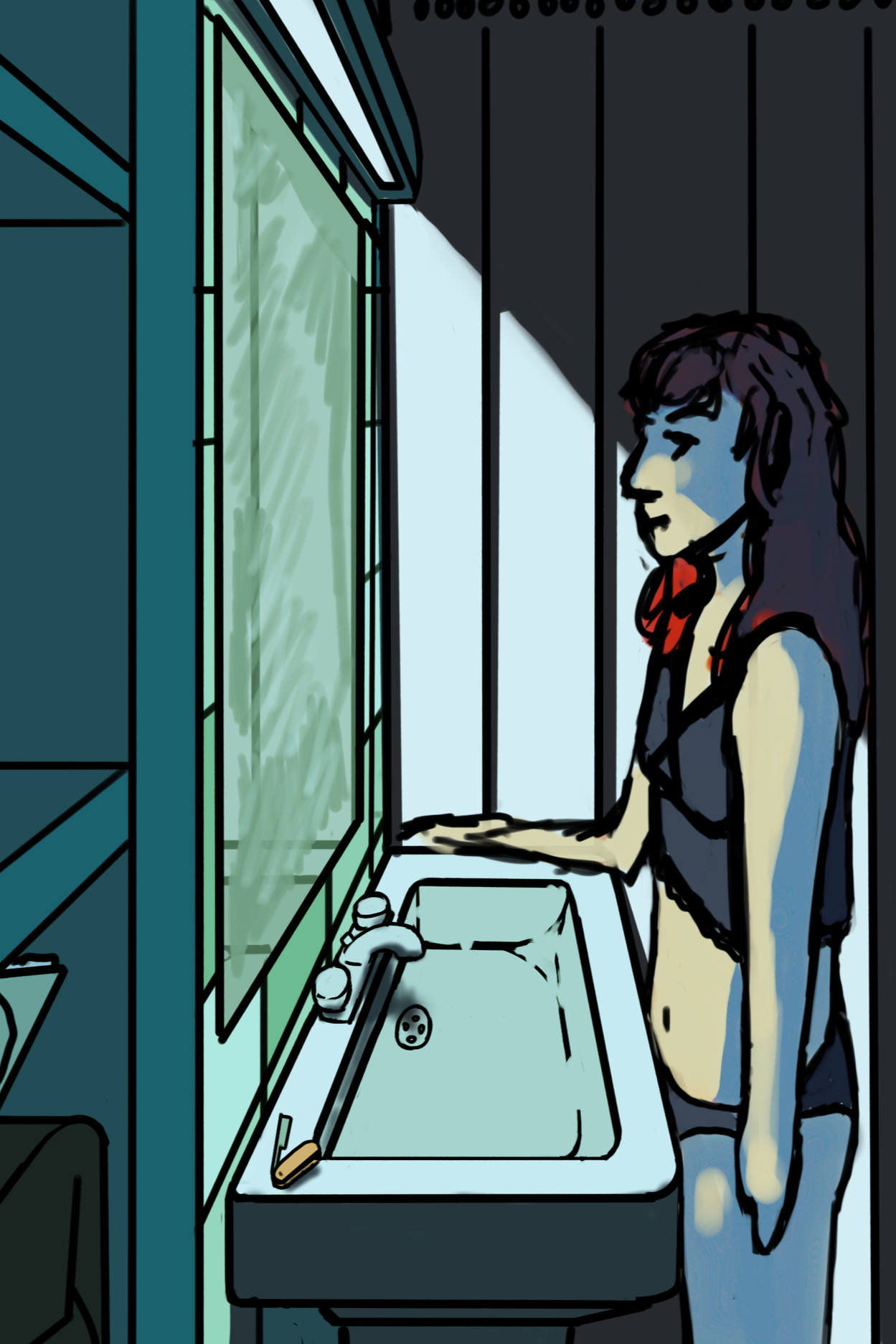 A young woman with dark hair, wearing a black sleeveless top and a underwear, standing at a bathroom sink, looking into a mirror.