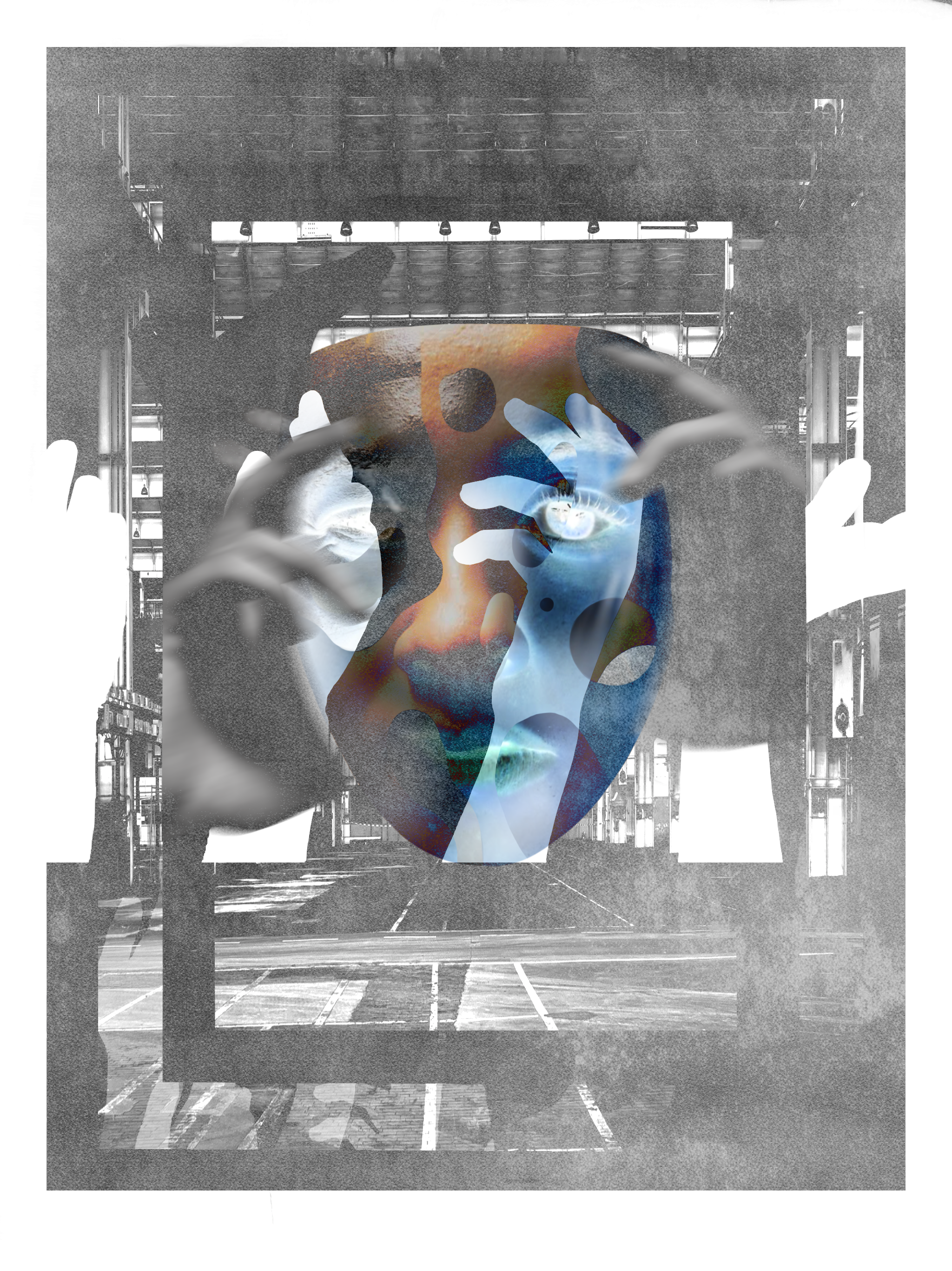 A digital collage of a person's face, crafted from abstract, colorful patterns overlapping each other, with hands framing the face. The background appears to be an industrial or warehouse setting rendered in monochrome.