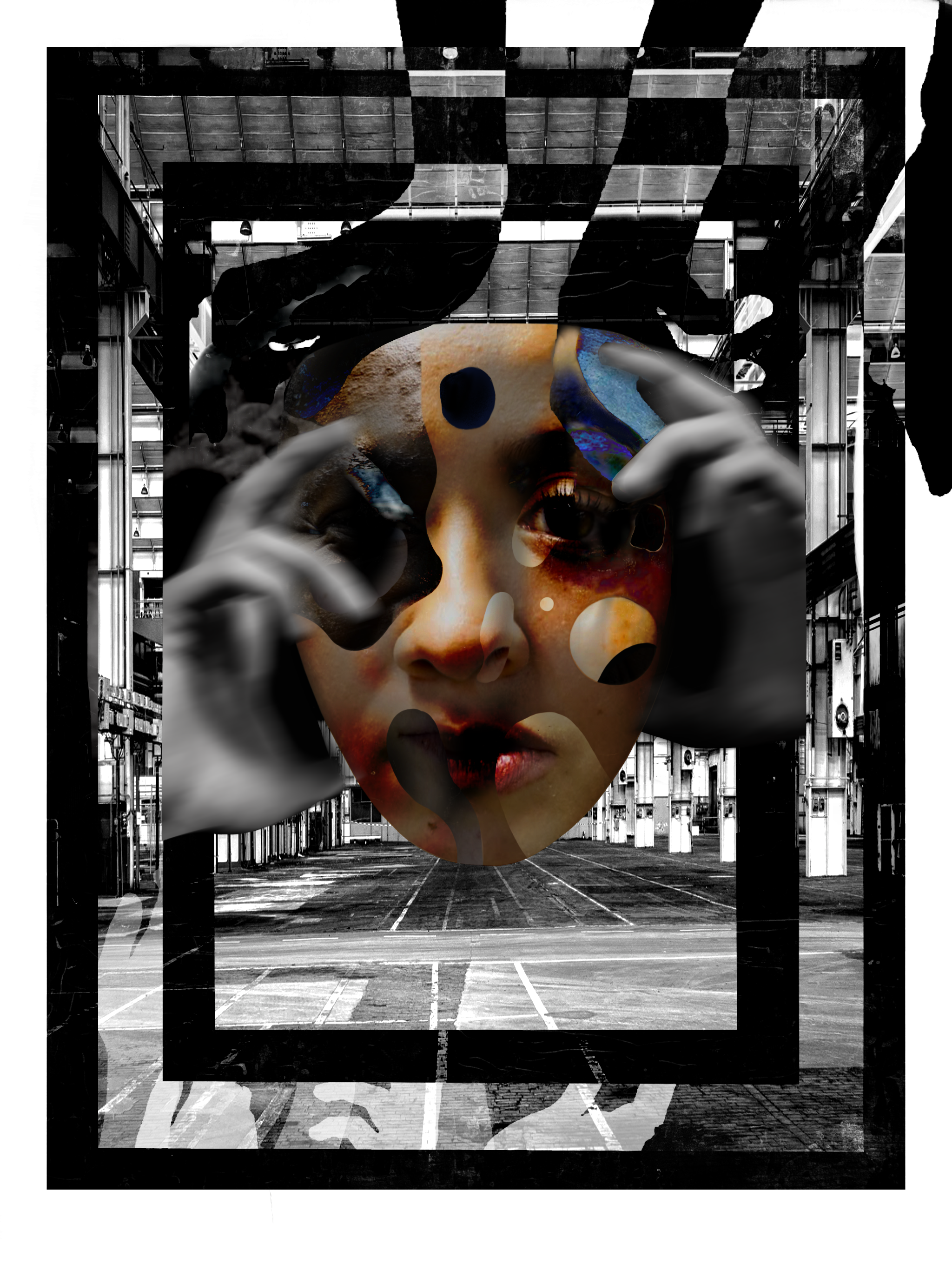 A surreal collage featuring a woman's face with hands framing it, superimposed with colorful abstract shapes resembling planets or celestial bodies, set against a black-and-white urban parking garage background.