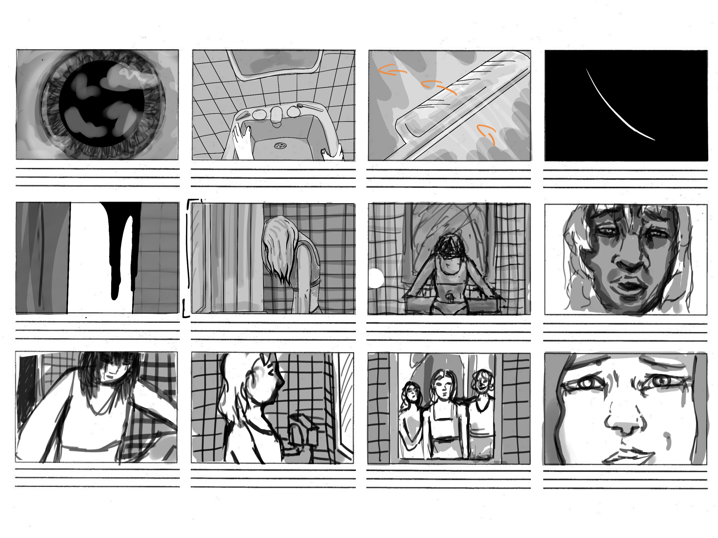 A series of storyboard sketches depicting a woman's emotional experience, beginning with an eye and a sink, progressing through scenes of her in a shower and emotional distress, ending with her crying and being consoled by friends.