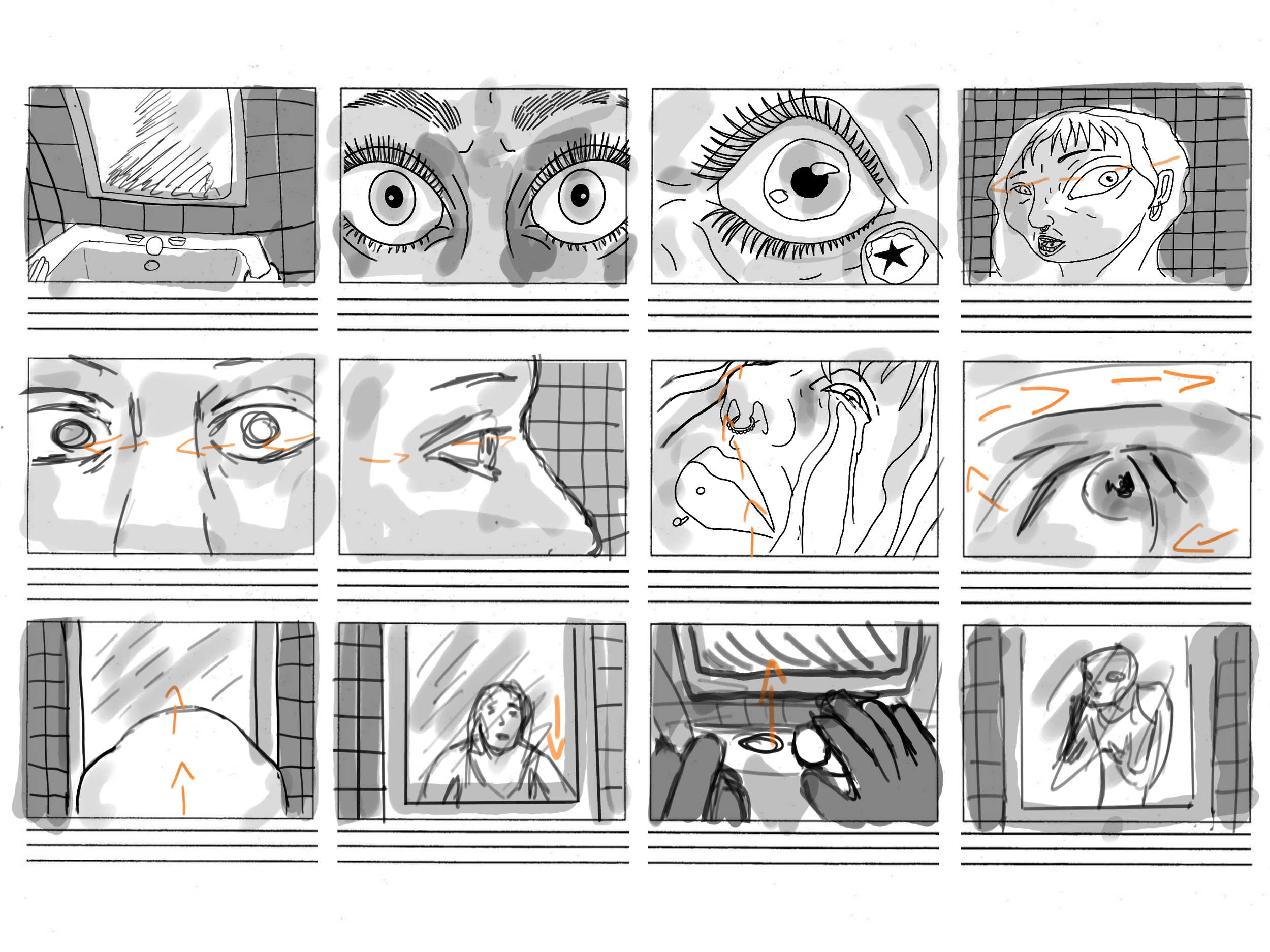 A storyboard with twelve black and gray sketches showing scenes including close-ups of eyes, a person looking in a mirror, a person getting ready, and a person speaking on the phone, with orange arrows indicating directions or actions.