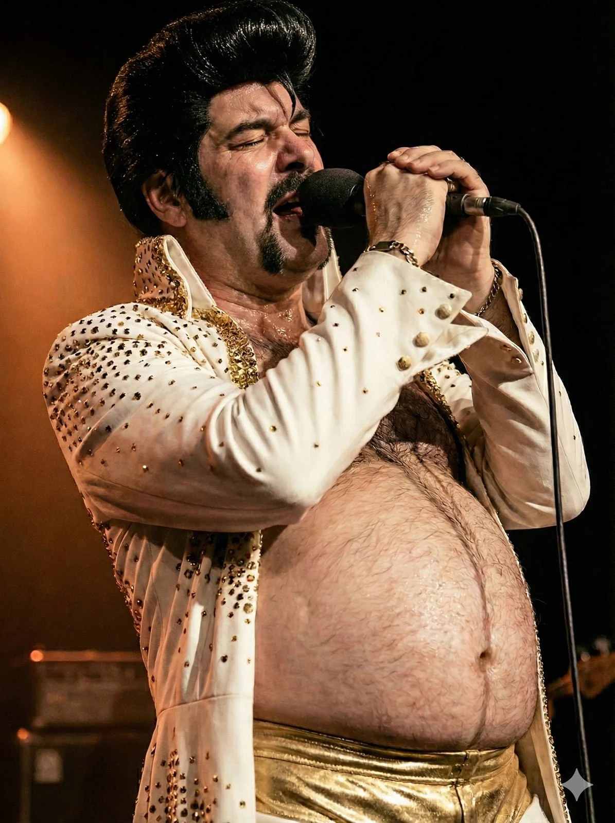 Nude Elvis intensely singing into a microphone