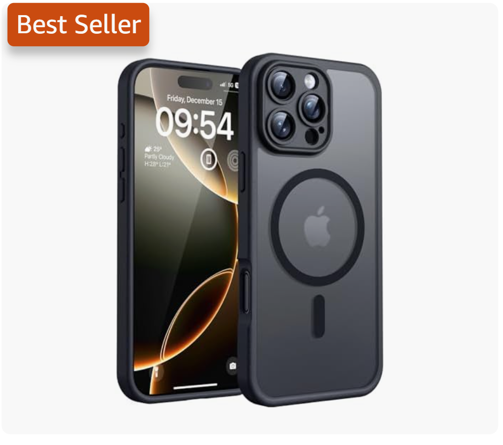 An iPhone with a black MagSafe-compatible case, labeled as a best seller, showing the time as 09:54 on December 15, with a multi-camera system on the back.