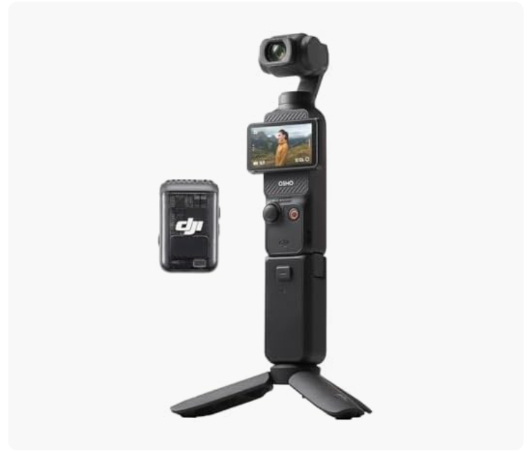 A handheld gimbal stabilizer with a mounted camera, a screen showing a person outdoors, and a DJI battery pack beside it, all set against a white background.