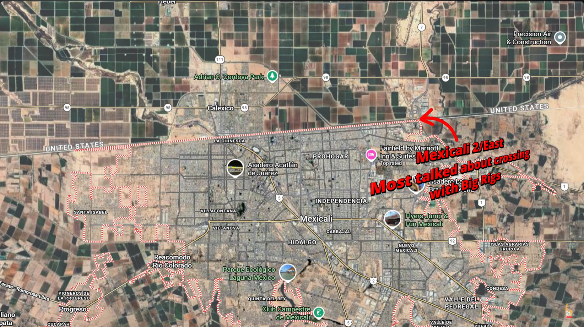 Map showing the U.S.-Mexico border near Mexicali, Mexico, with markings indicating most talked about crossing with big rigs, and annotations noting areas such as Santa Isabel, Reacomodo Rio Colorado, and Progreso. The map features highways, points of interest, and the border crossing highlighted with red and white dashed lines and labels.