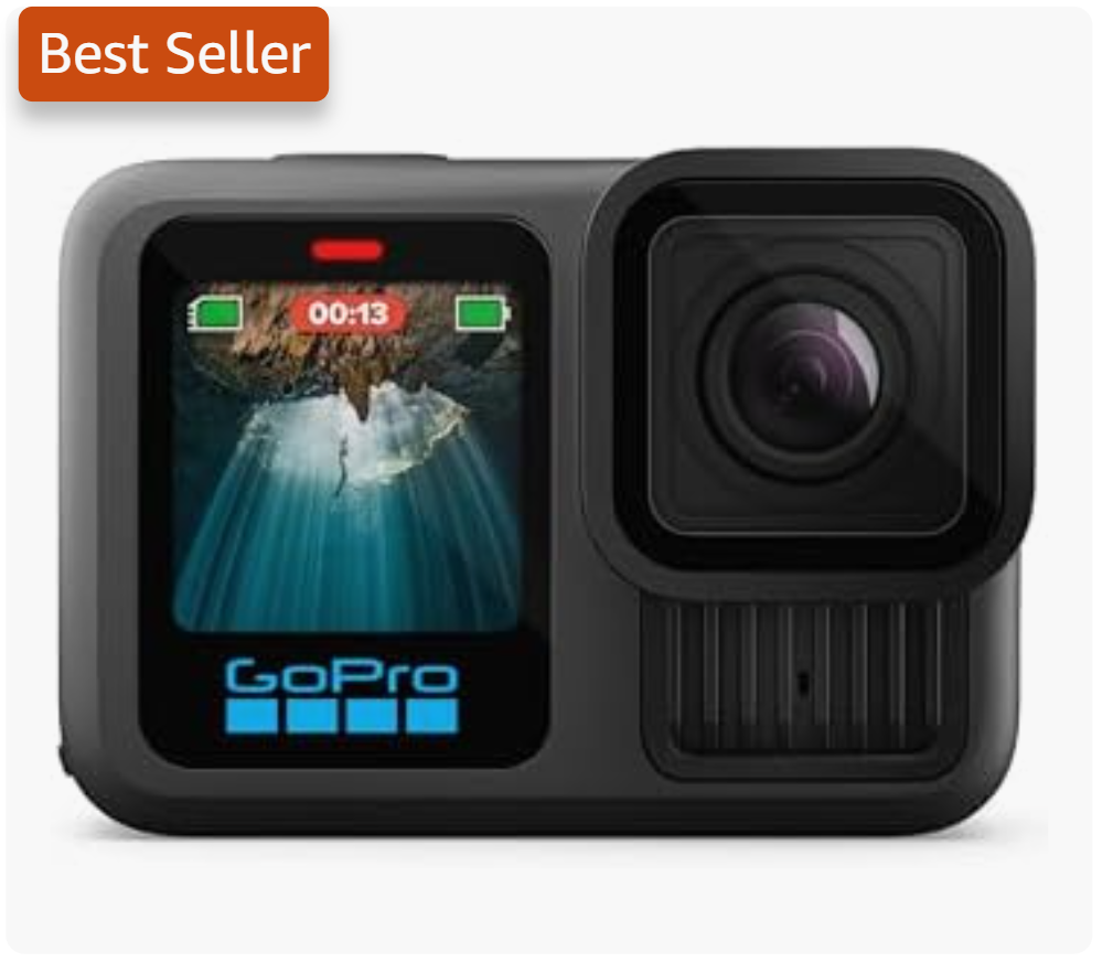 A GoPro action camera with a small display screen showing a nature scene with mountains and sunlight, and labeled as the "Best Seller."