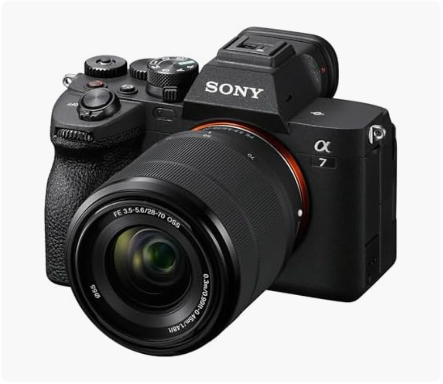 A black Sony Alpha 7 III mirrorless camera with a wide lens attached.