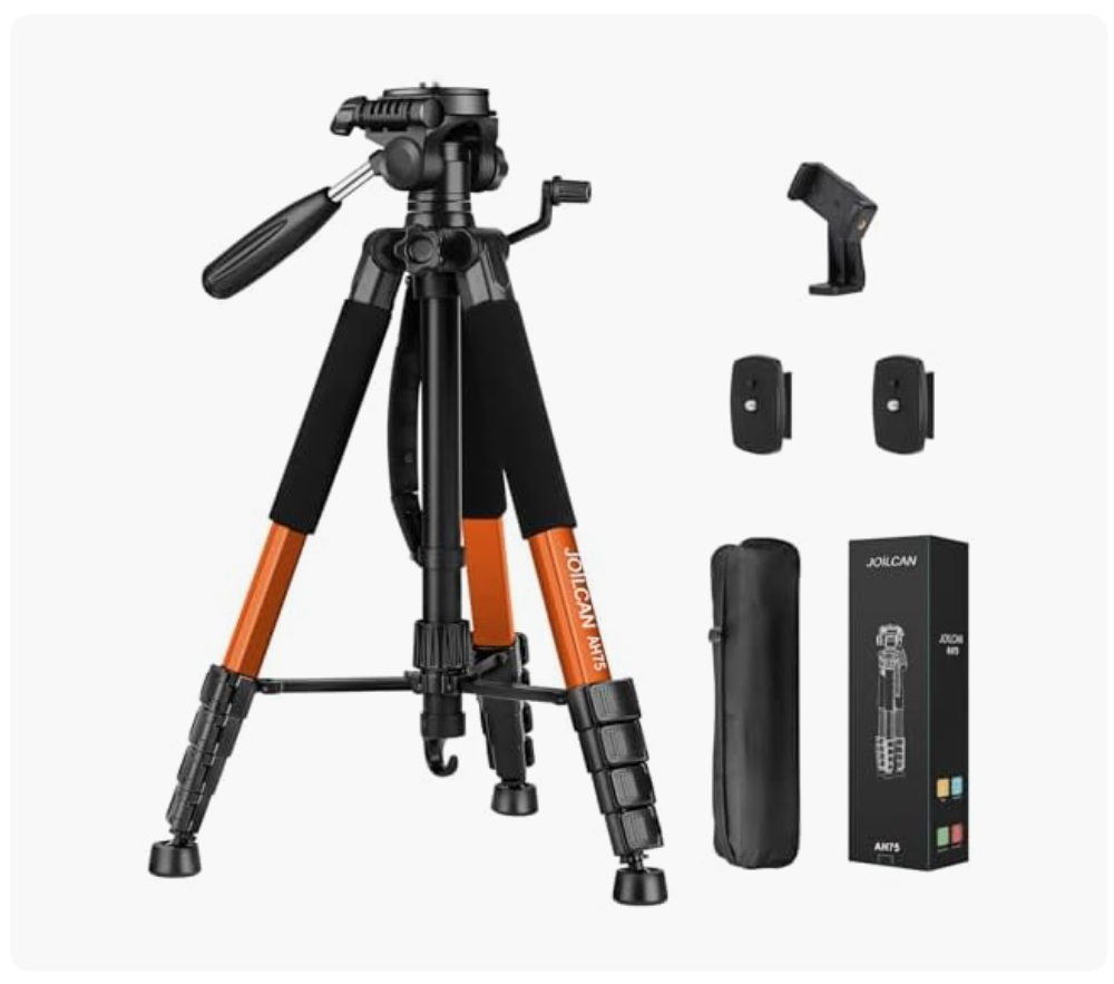 A professional camera tripod, a remote control, two remotes, a black carrying case, and a box labeled JoilCan AM175.