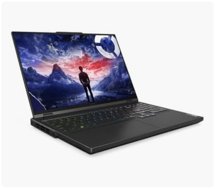 A black gaming laptop with a landscape mountain scene on the screen, showing snow-capped peaks, a person standing by a lake, and a colorful sunset sky.