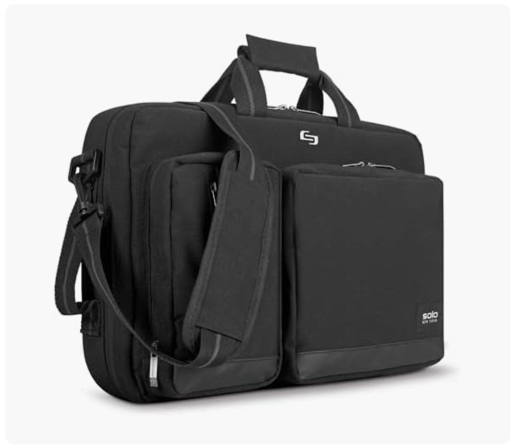 A black laptop bag with multiple compartments and adjustable shoulder strap.