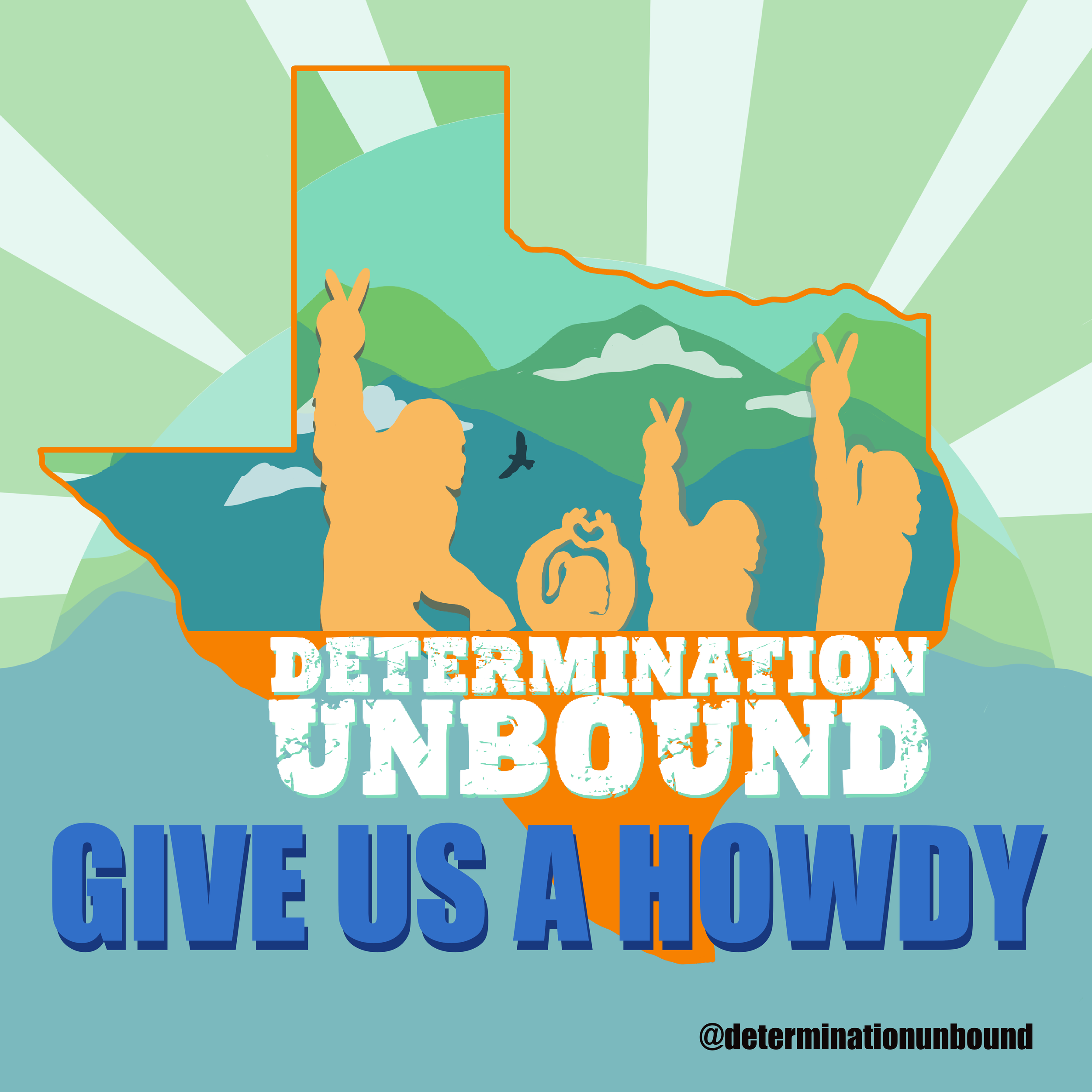 Illustration of Texas shaped map with three orange llamas making peace signs, mountains, a bird, and the text 'Determination Unbound Give Us a Howdy' with social media handle @determinationunbound.