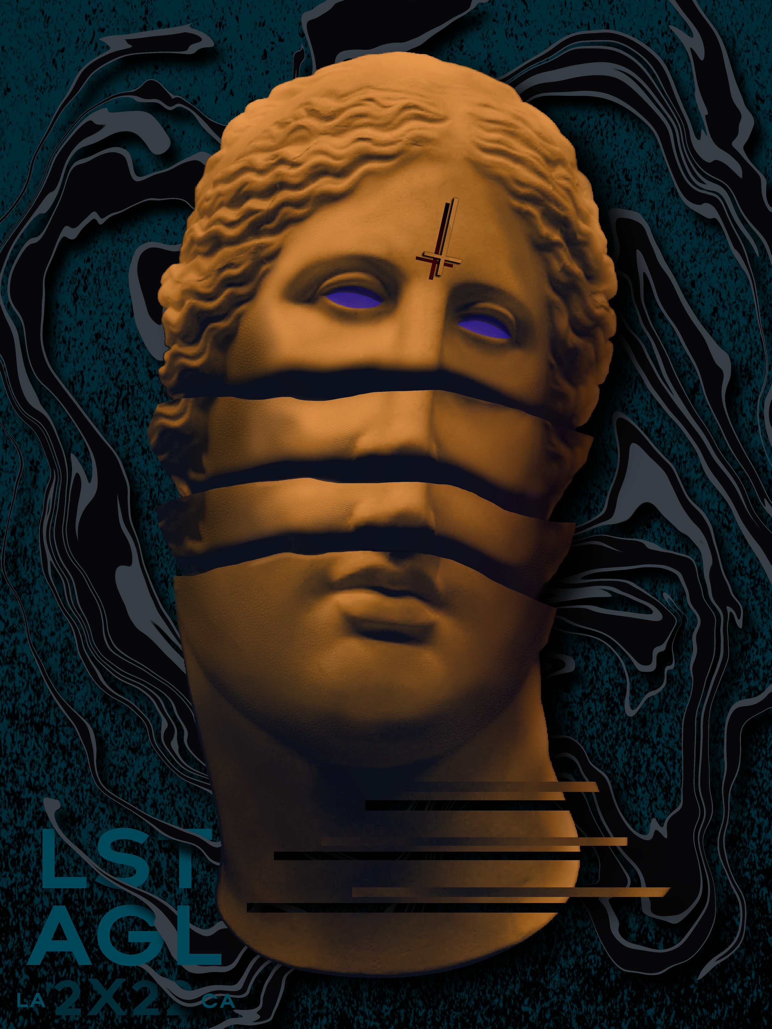 Digital illustration of a classical sculpture head with lines across the face, surrounded by black and blue abstract patterns. The face has glowing purple eyes and a small cross symbol on the forehead.