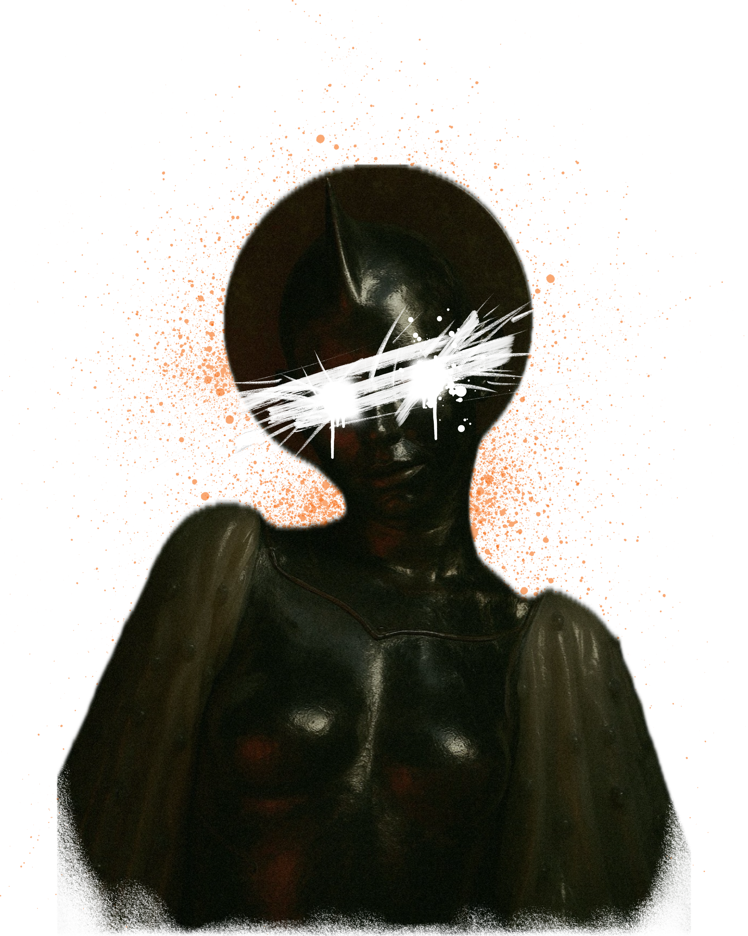 Digital artwork of a dark-skinned woman with short hair, wearing a black leather top, with abstract bright white and orange accents around her head and face.