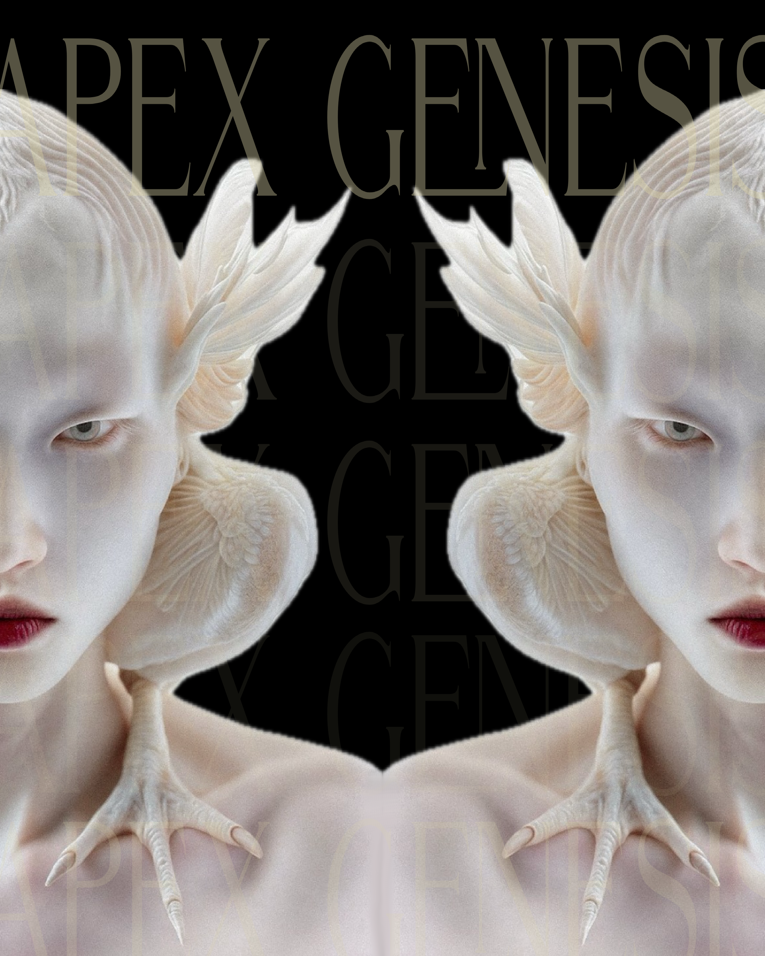 Symmetrical digital artwork of a woman with a bird-like appearance, pale complexion, pale blonde hair, and bird talons on her hands, set against a black background with the partially visible text 'APEX GENESIS'.