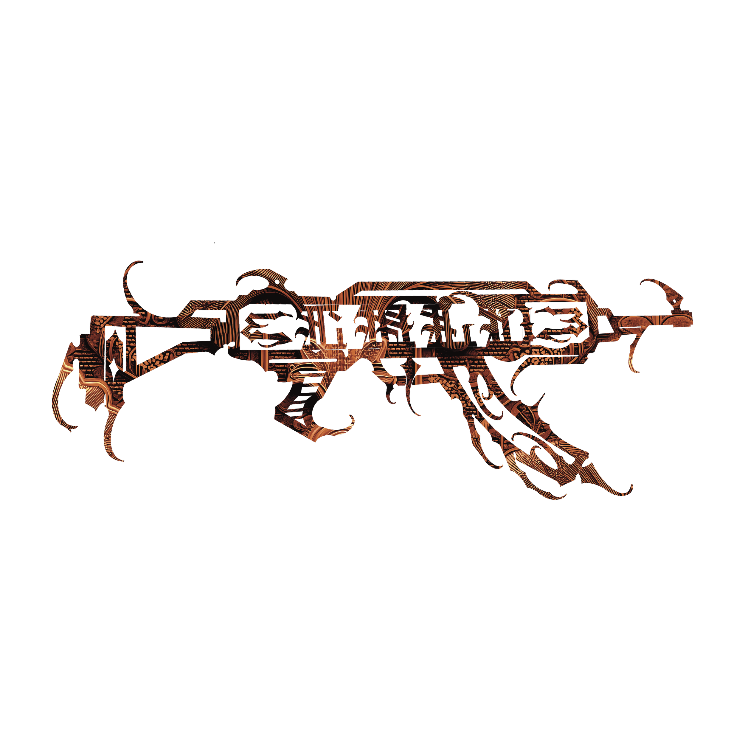 A detailed illustration of a tactical rifle with colorful, intricate patterns on its surface, set against a black background.