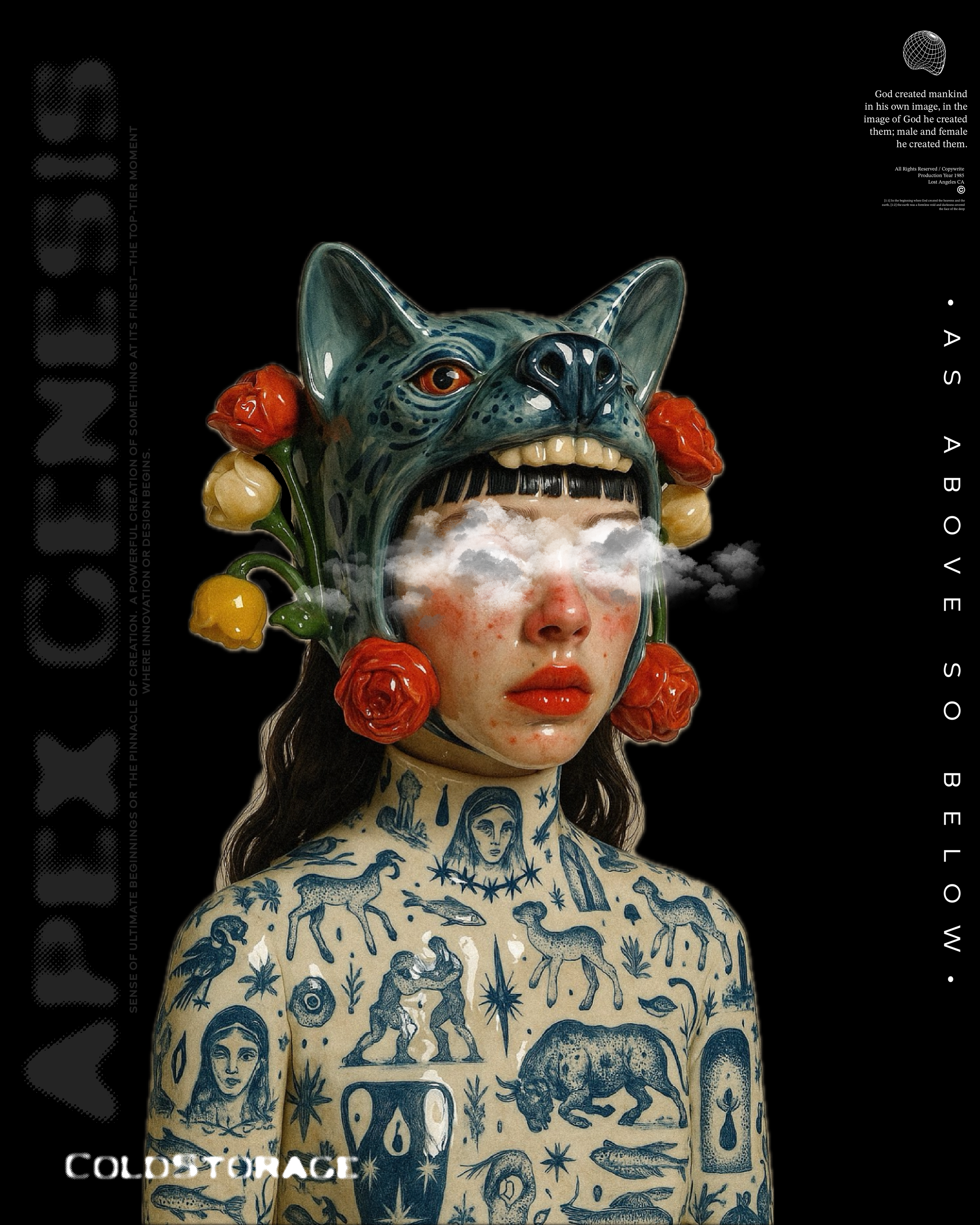 A person with tattoos on their torso, wearing a ceramic wolf mask with red roses and yellow flowers, and cloud images over their eyes, against a black background.