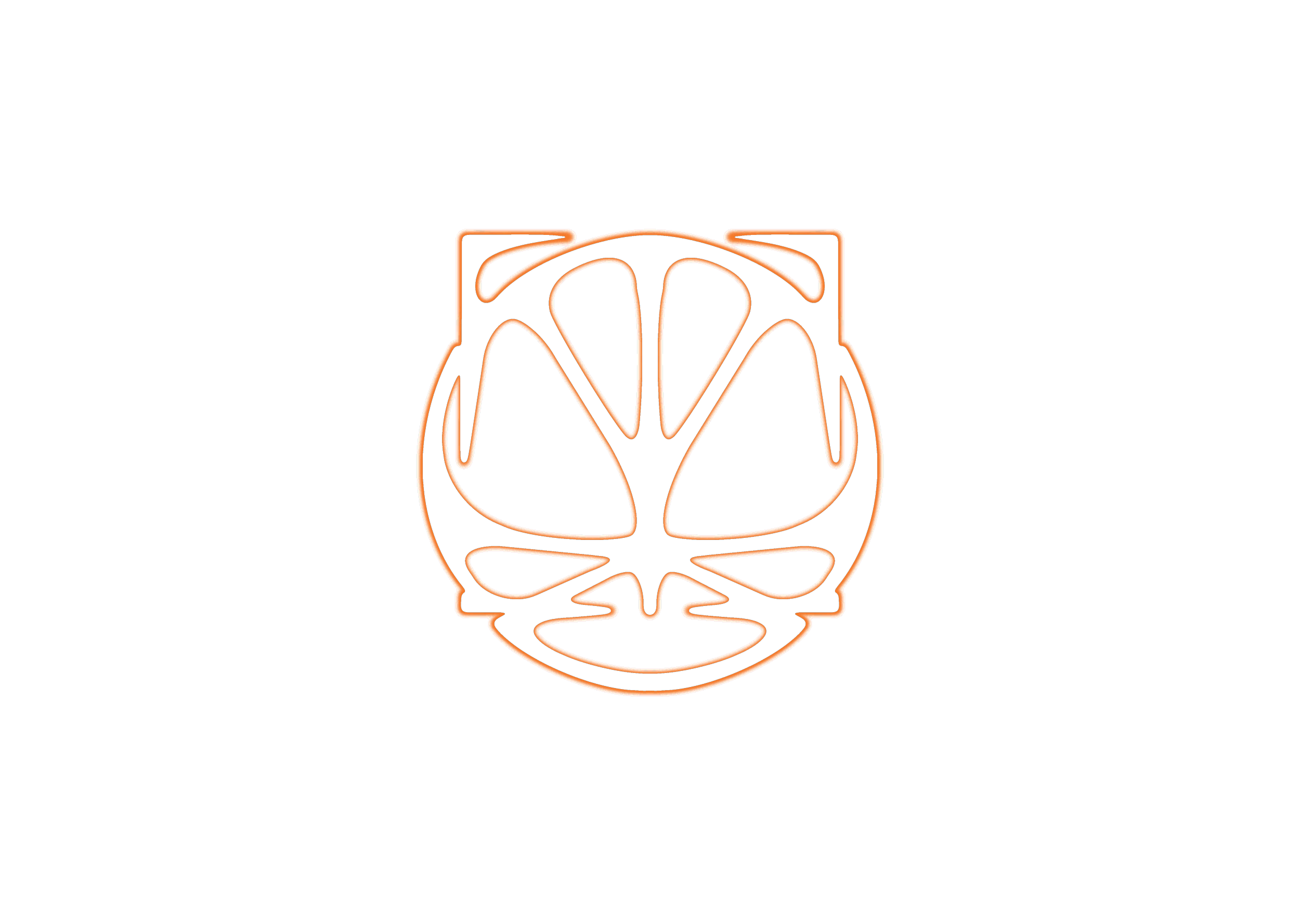 Neon sign with a stylized abstract face or mask, featuring black outlines and red, green, and black fill colors, against a black background with a red rectangle to the right.