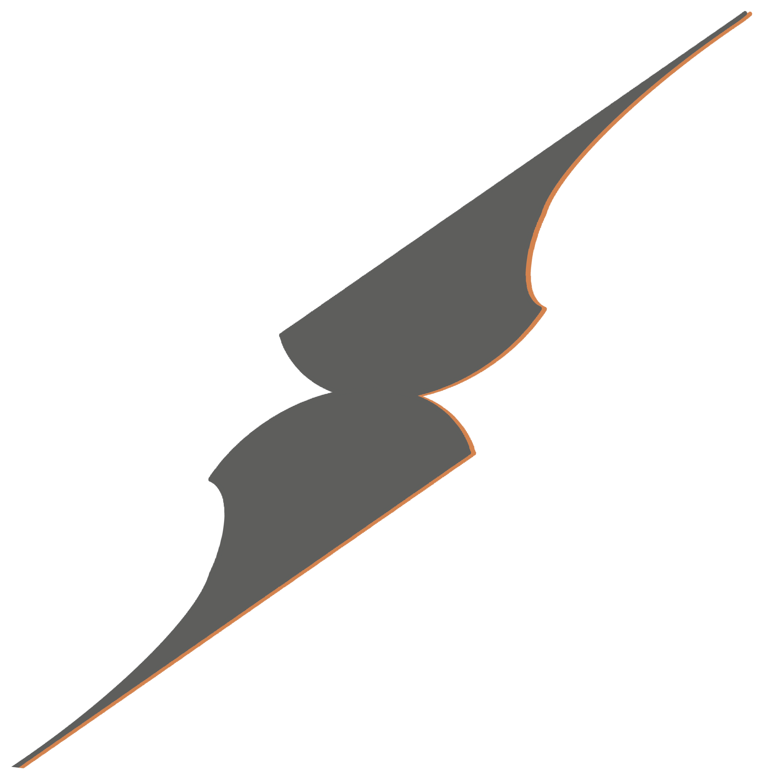 A stylized illustration of a brown object with a black, ribbon-like shape over it, featuring blue and red highlights, on a black background.