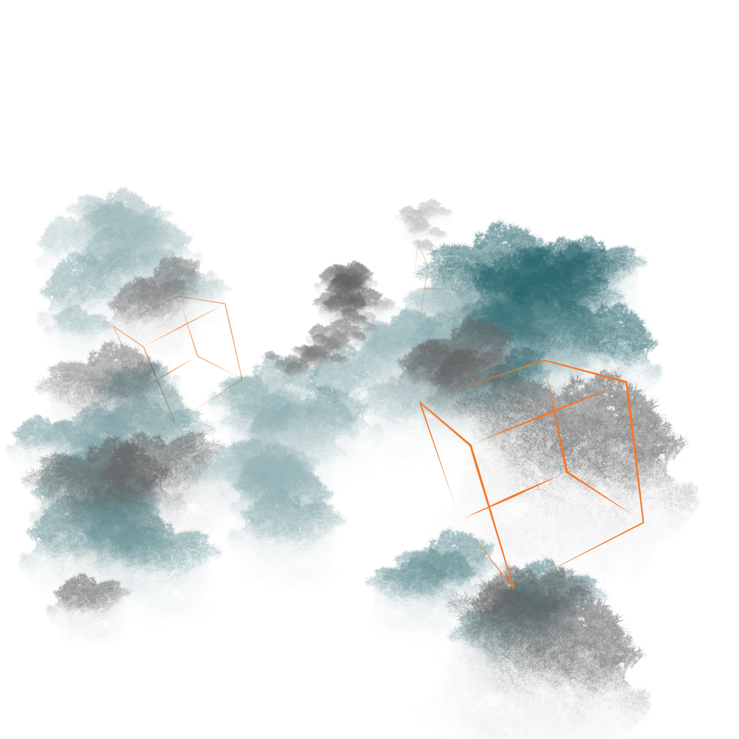 Abstract digital artwork featuring interconnected orange wireframe cubes floating amid cloud-like blue and gray formations.
