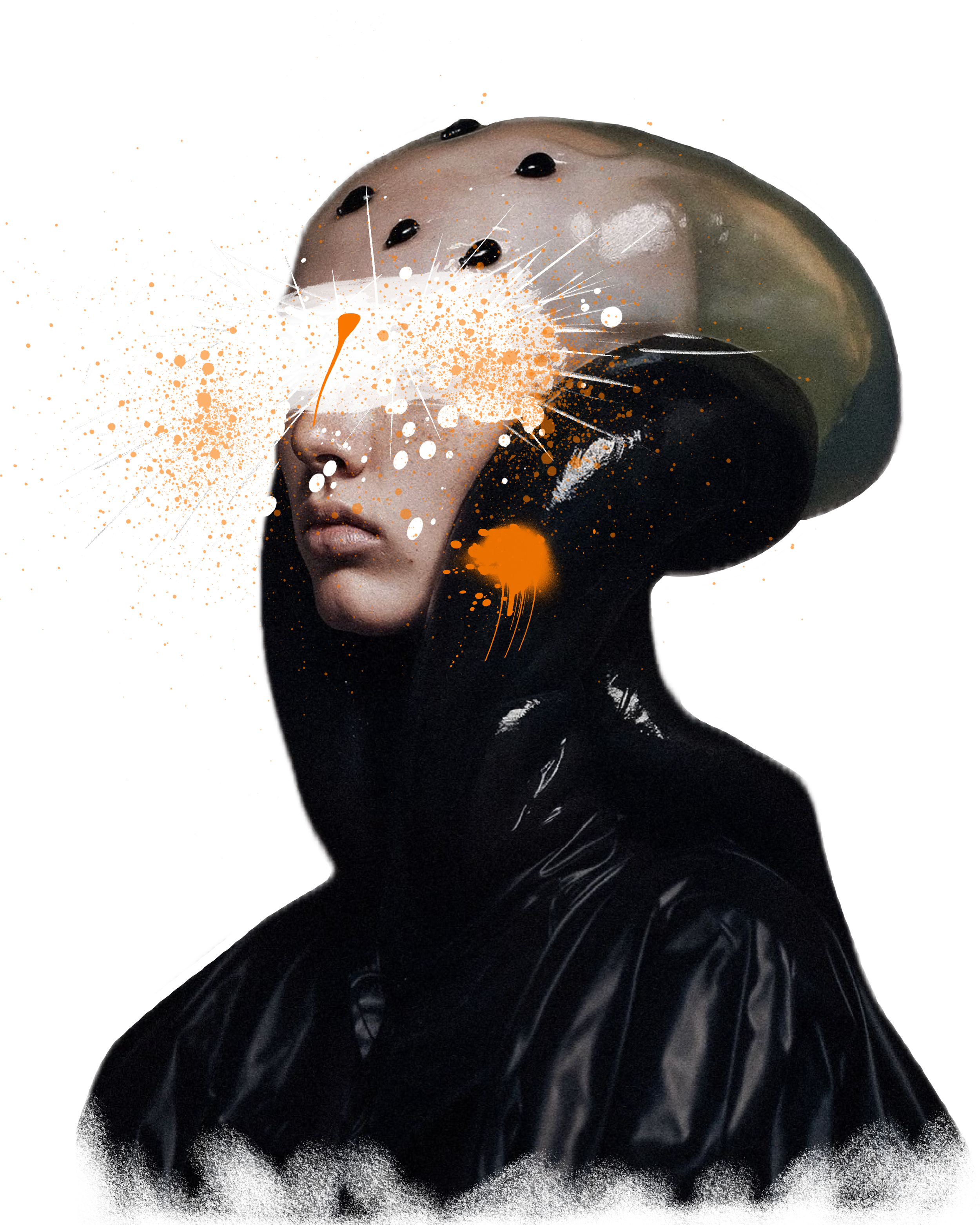 A surreal digital artwork of a person wearing a shiny black hooded garment and a mushroom cap. Their face is partially covered with an abstract explosion of white and orange paint splatters.