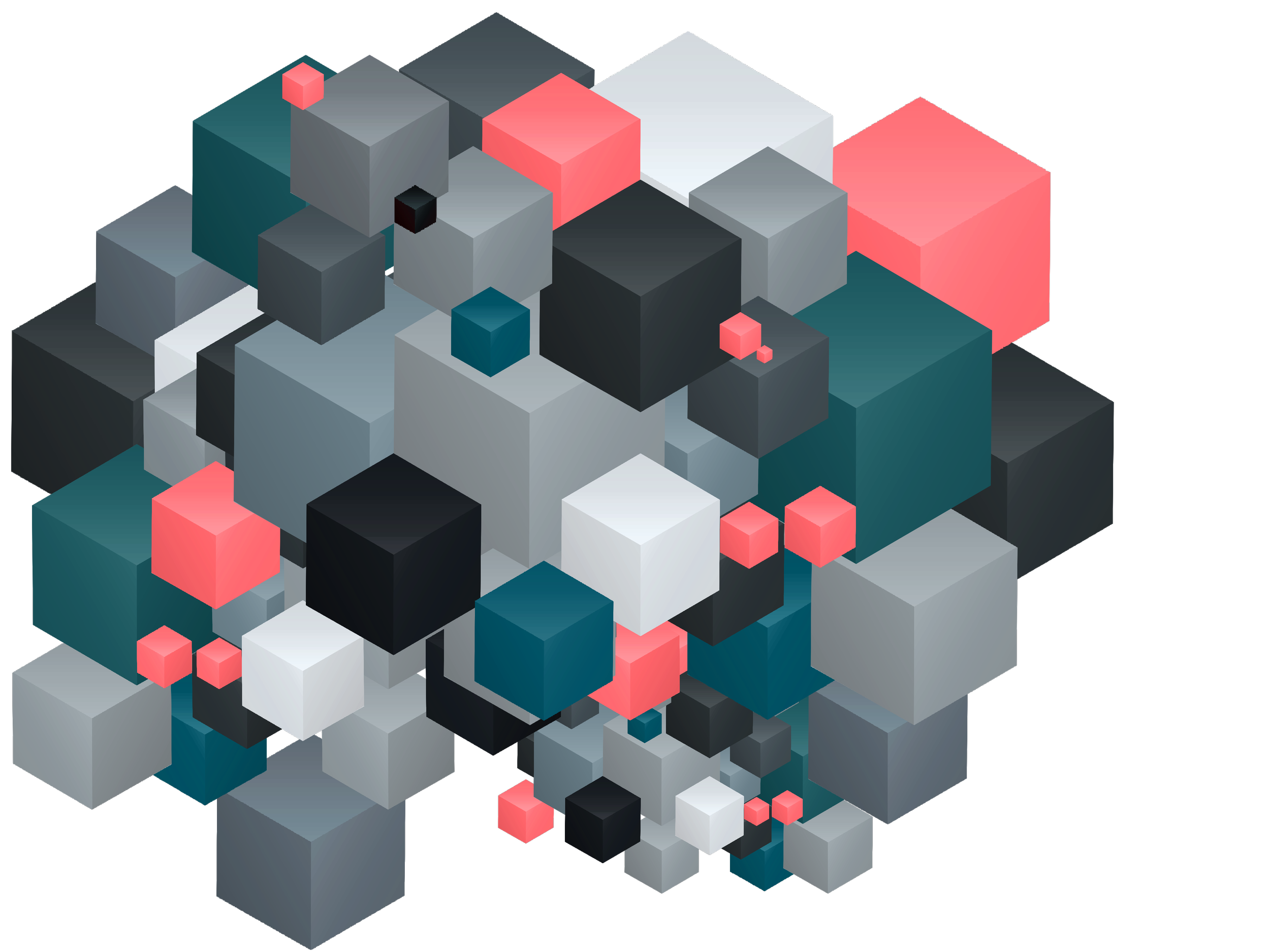 3D geometric abstract art composed of various colored cubes in shades of gray, black, white, teal, and pink, arranged in a complex pattern against a black background.