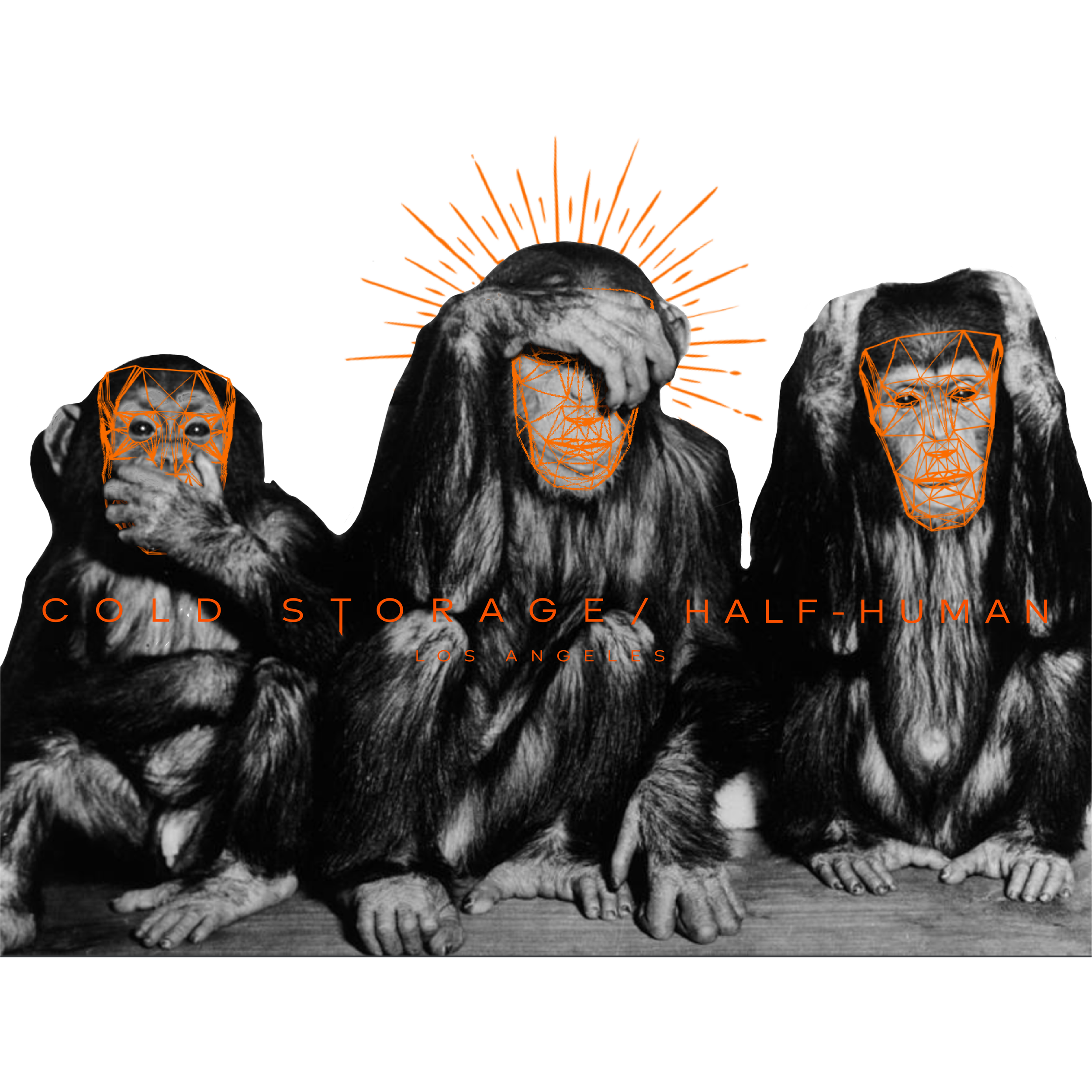 Three monkeys with digital facial overlay in orange, each covering different faces: one with hand over mouth, one head in hand, one with face uncovered. Overlay text reads 'COLD STORAGE / HALF-HUMAN LOS ANGELES'.