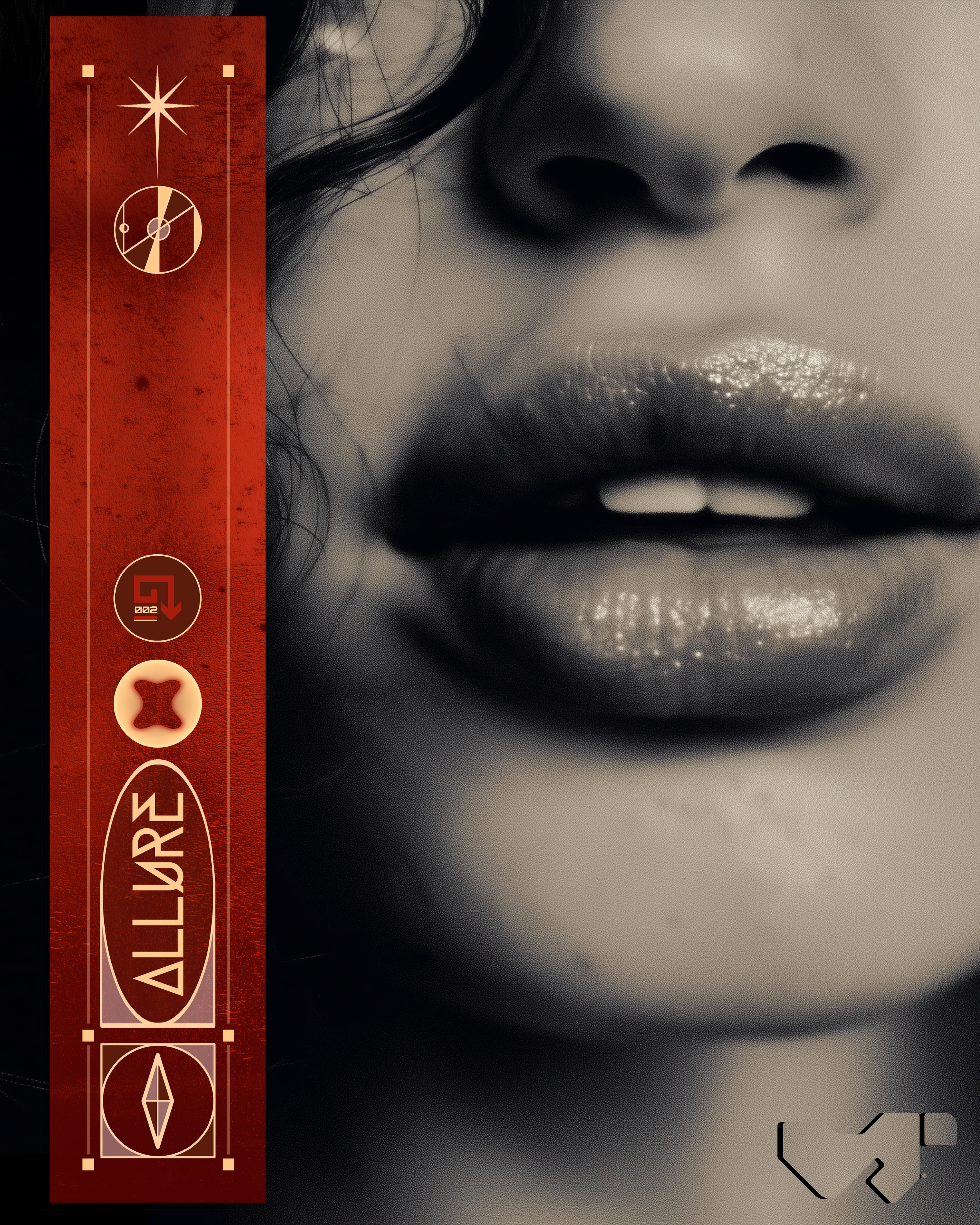 Close-up of a woman's lips and nose in black and white with a red vertical design featuring symbols and the words 'ALLURE' on the left side.