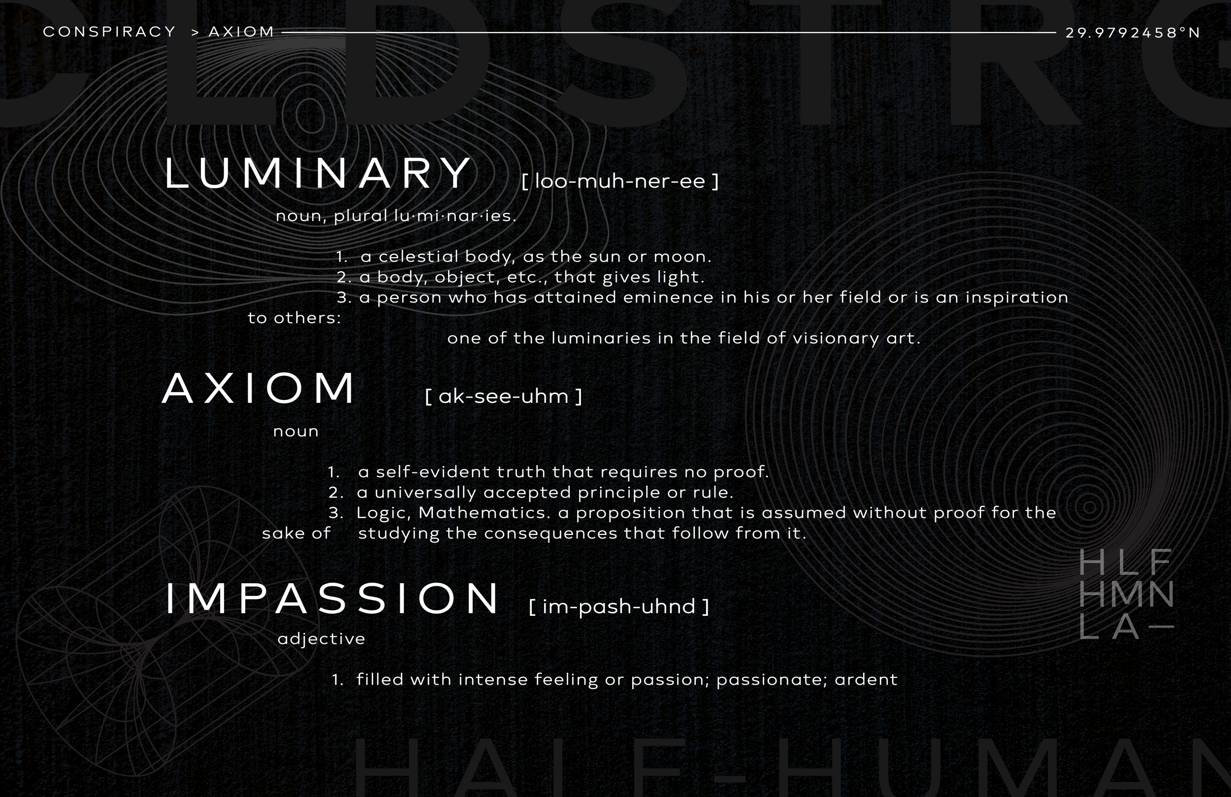 A dark informational graphic defining the words 'Luminary,' 'Axiom,' and 'Impassion' with their pronunciations, definitions, and related light and geometry patterns in the background.